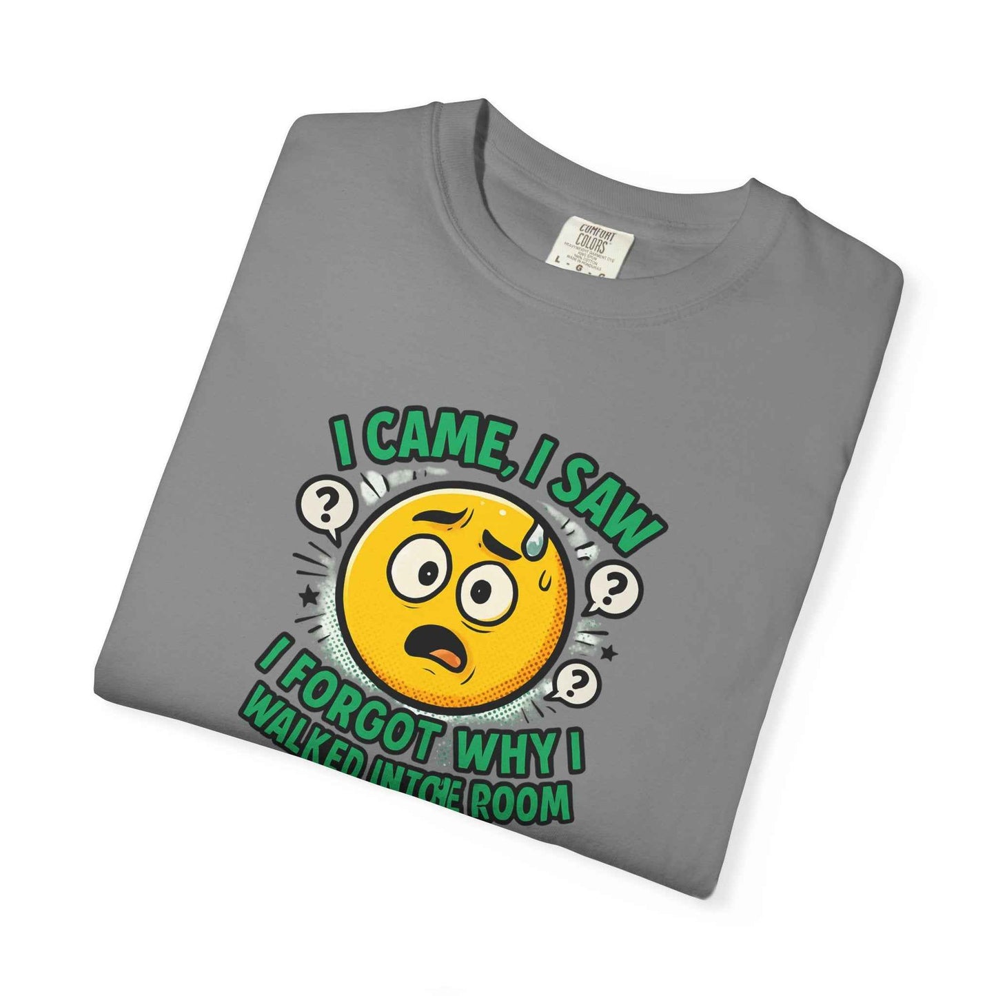 Funny Graphic T-Shirt — "I Came, I Saw, I Forgot Why I Walked Into Room" Emoji Tee