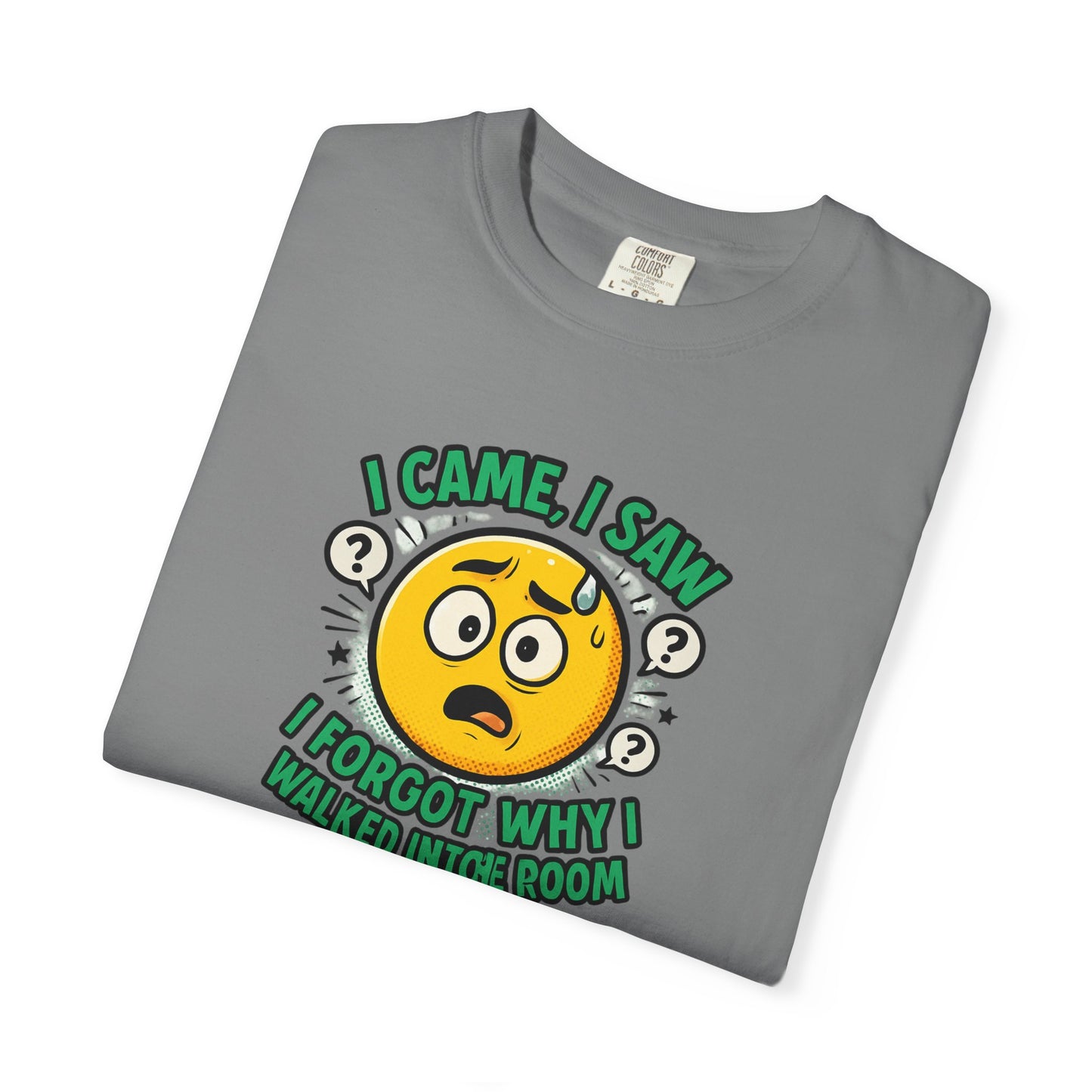 Funny Graphic T-Shirt — "I Came, I Saw, I Forgot Why I Walked Into Room" Emoji Tee