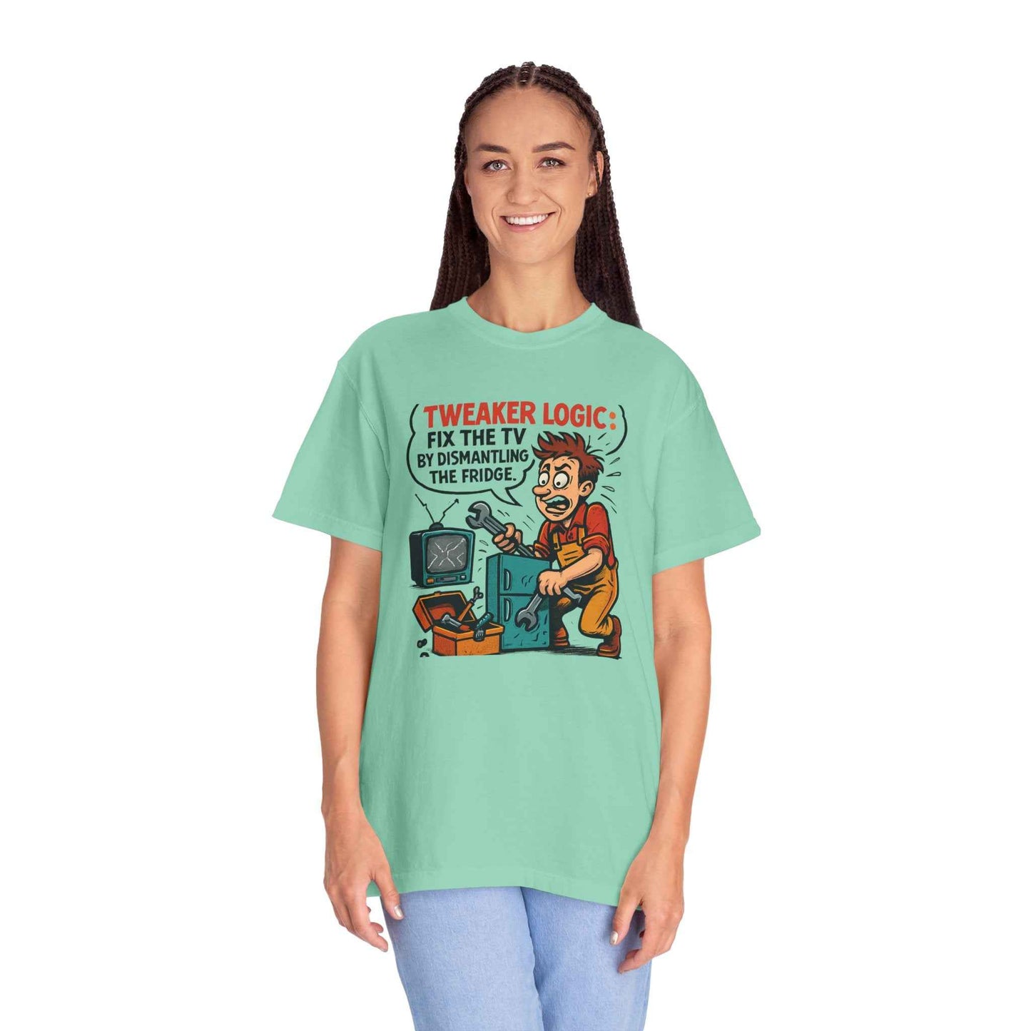 Tweaker Logic Cartoon T-Shirt — “Fix the TV by Dismantling the Fridge” Retro Graphic Tee