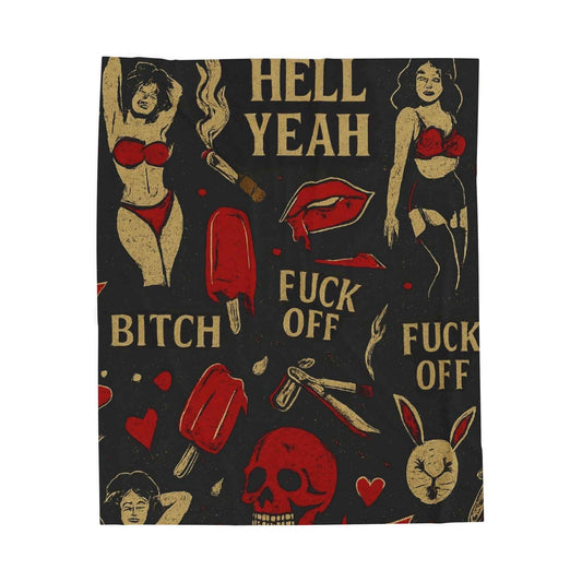 Edgy Tattoo Flash Pattern Velveteen Plush Blanket | Retro Pinup, Skulls & Sassy Phrases