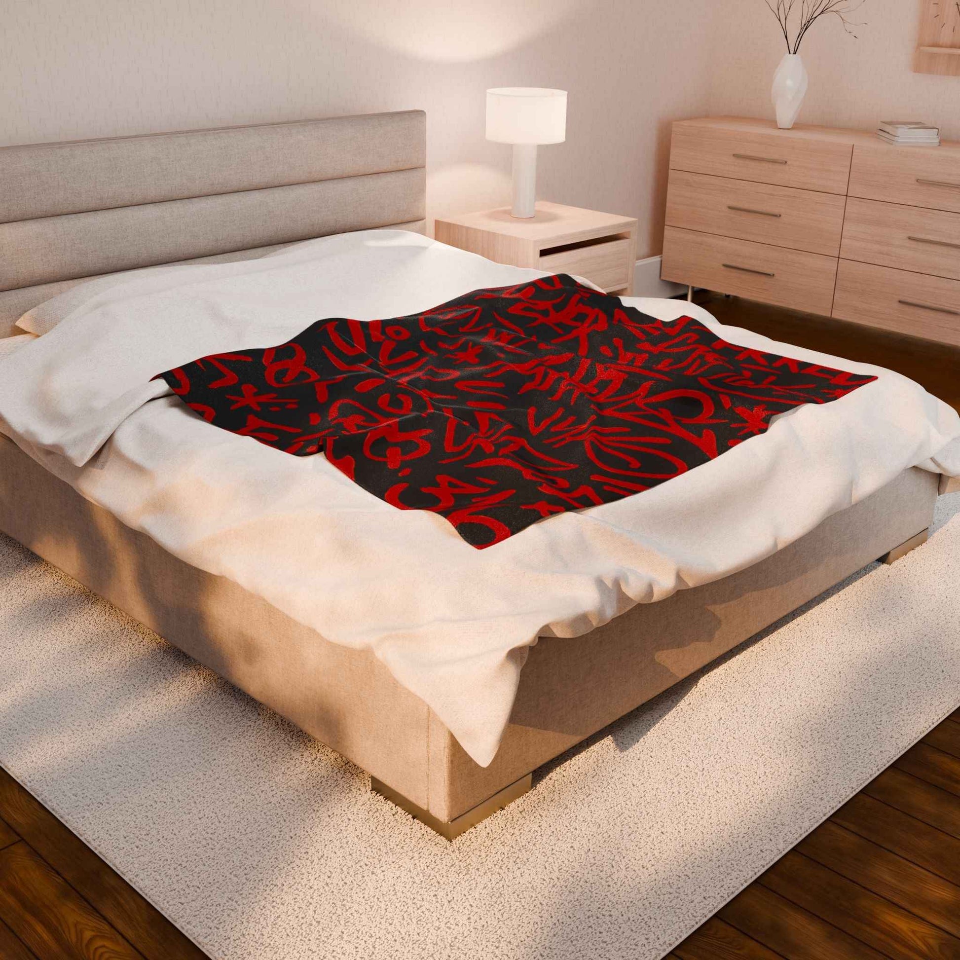 Red Graffiti Script Velveteen Plush Blanket | Urban Street Art Throw