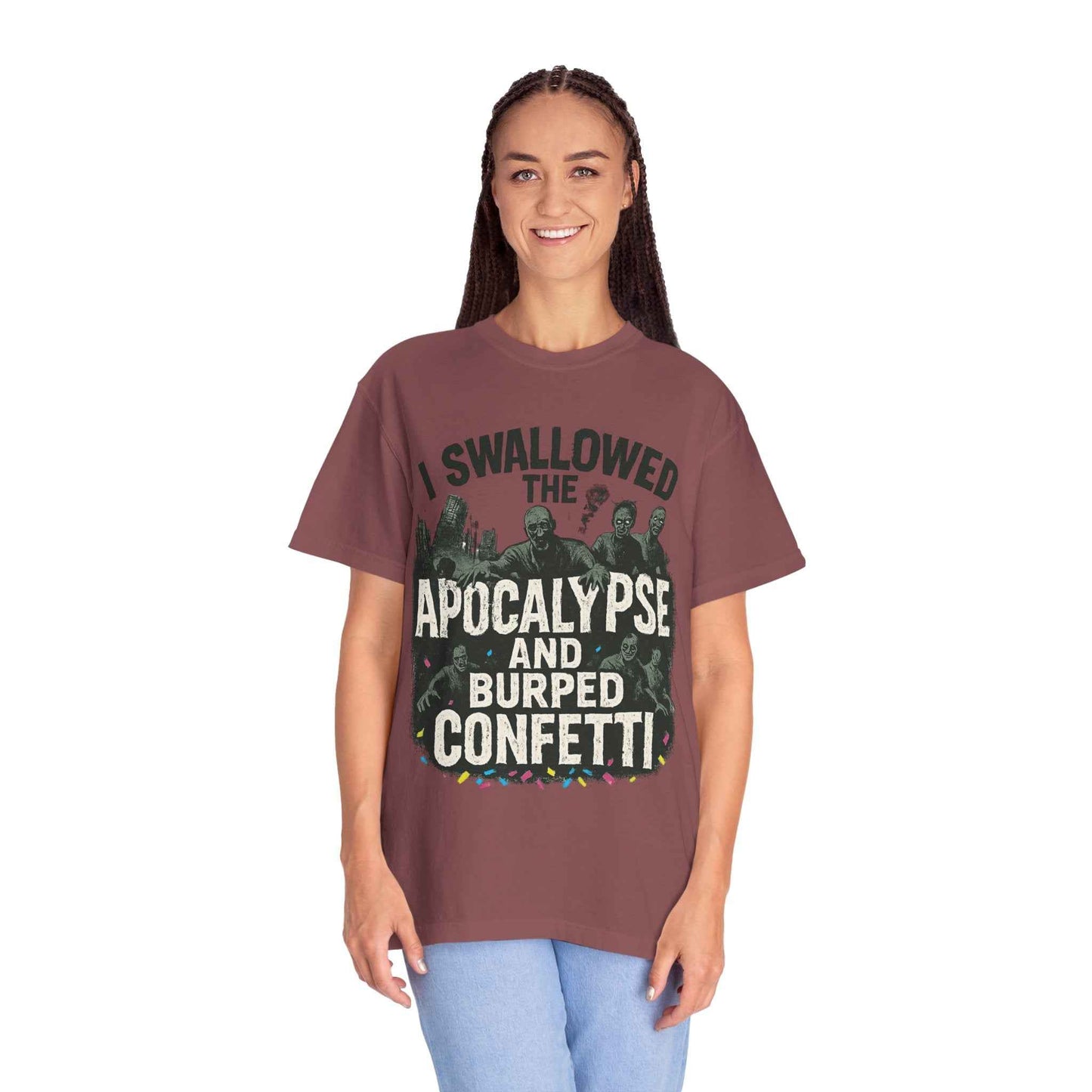 Apocalypse & Burped Confetti T-Shirt — Funny Zombie Survival Tee
