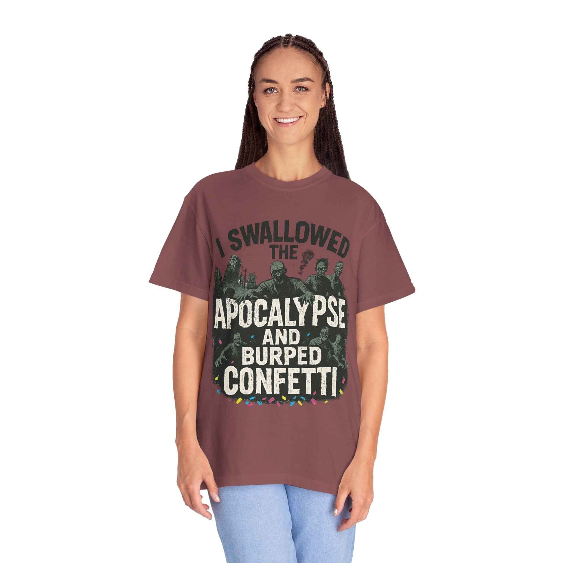 Apocalypse & Burped Confetti T-Shirt — Funny Zombie Survival Tee