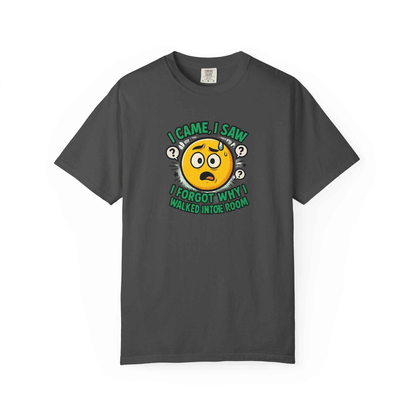 Funny Graphic T-Shirt — "I Came, I Saw, I Forgot Why I Walked Into Room" Emoji Tee