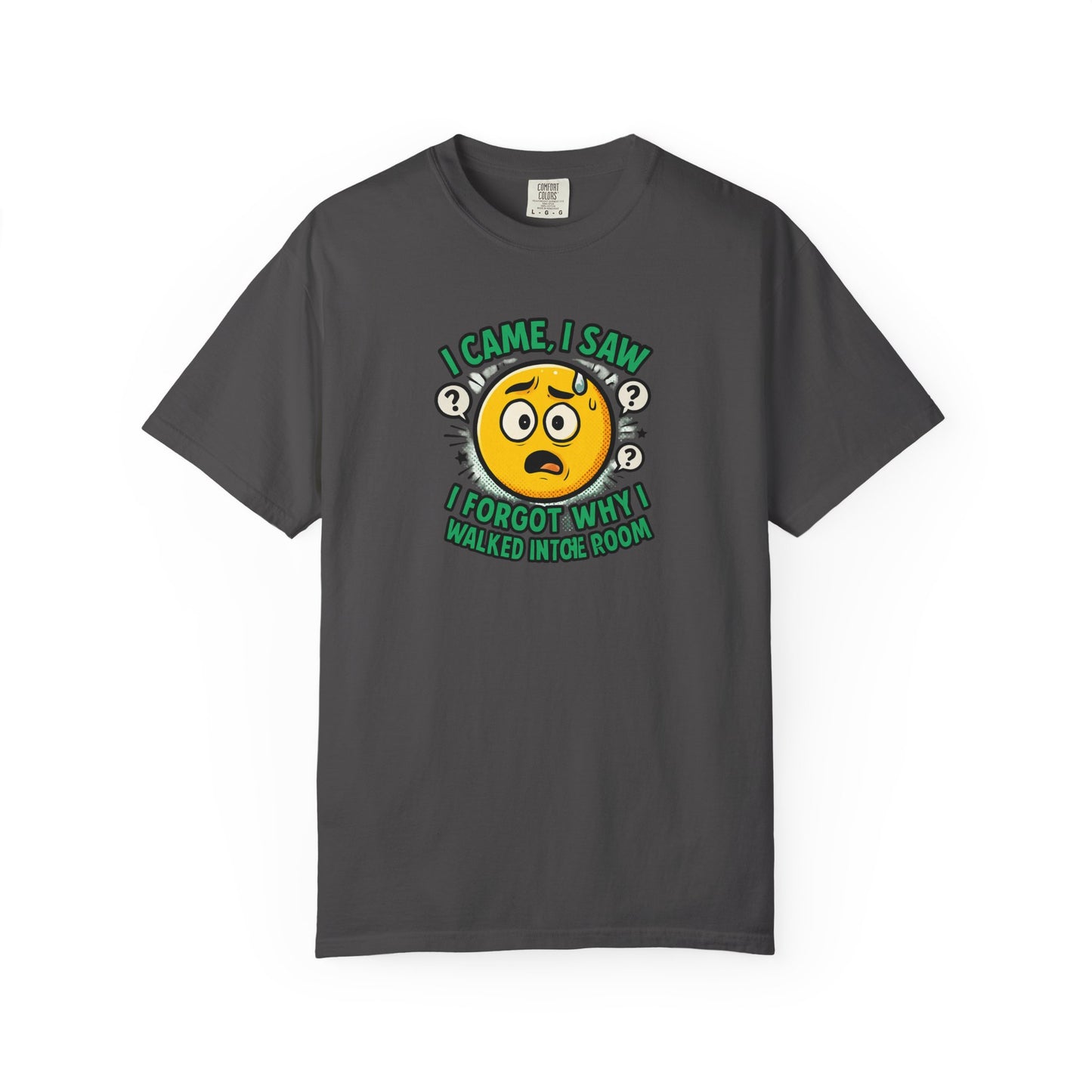 Funny Graphic T-Shirt — "I Came, I Saw, I Forgot Why I Walked Into Room" Emoji Tee