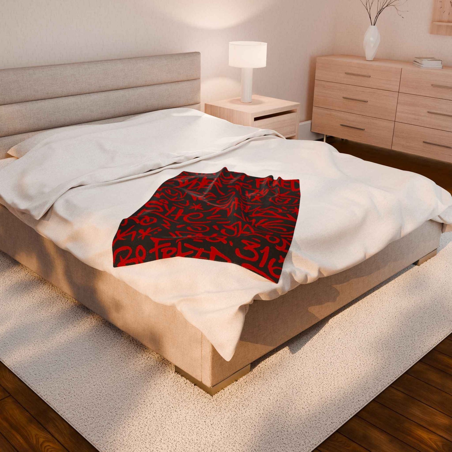 Red Graffiti Script Velveteen Plush Blanket | Urban Street Art Throw