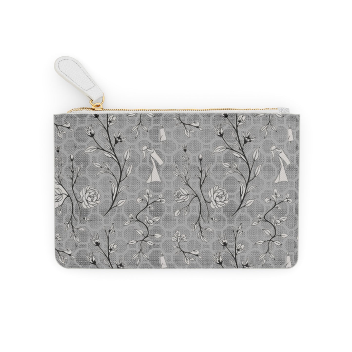Mini Clutch Bag — Elegant Gray Floral Patterned Wrist Pouch