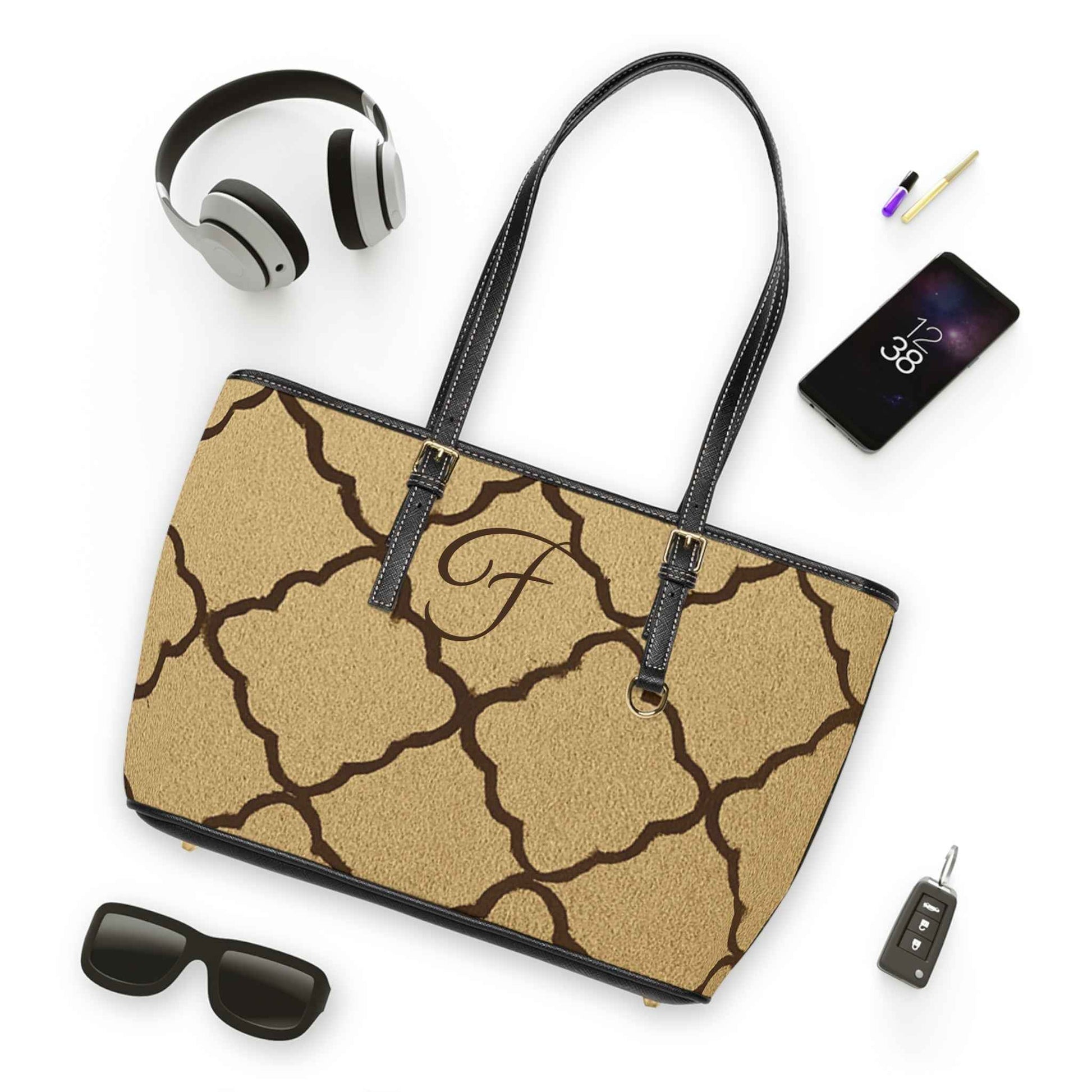 Monogram PU Leather Shoulder Bag — Taupe Moroccan Trellis Pattern