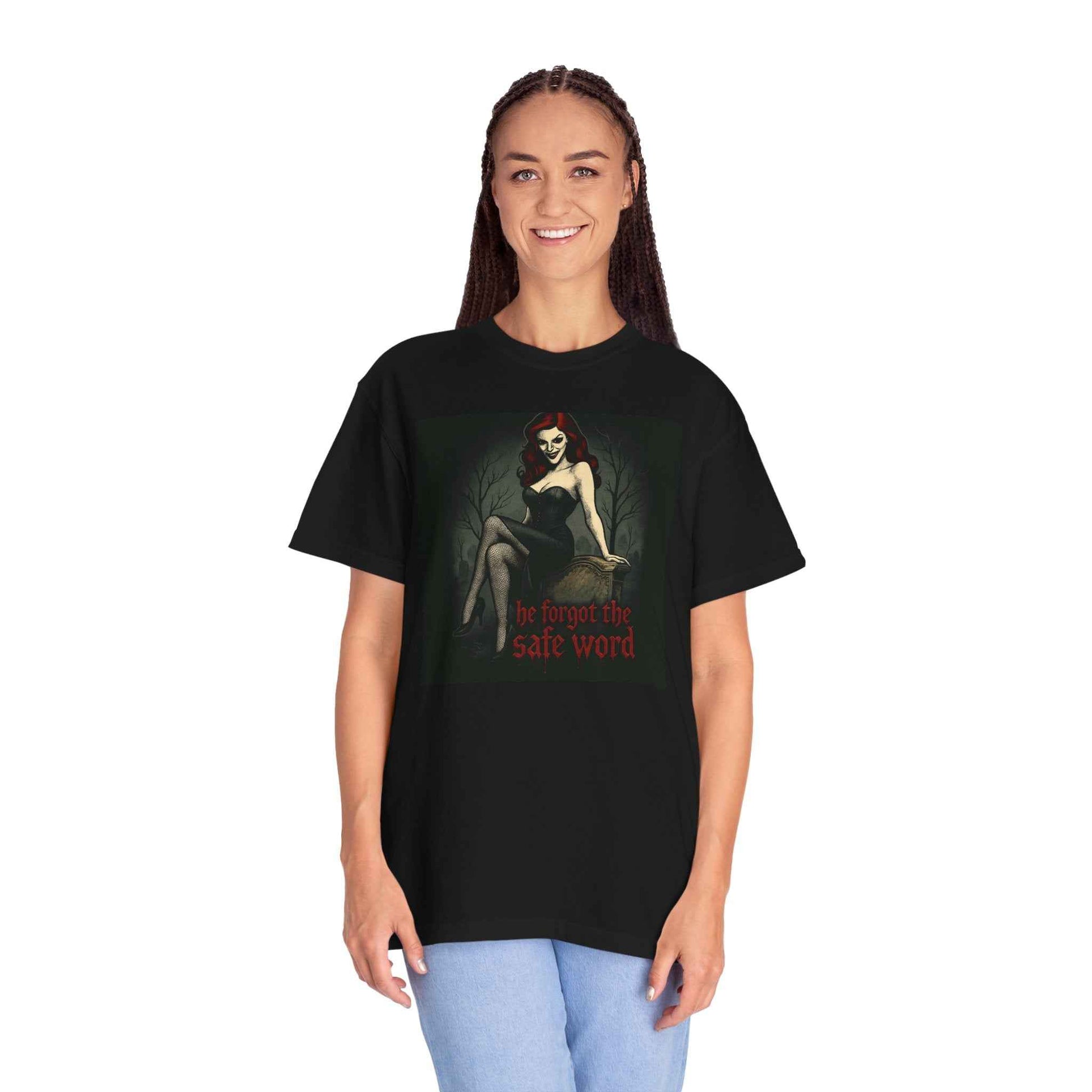 Gothic Pinup T-Shirt — "He Forgot the Safe Word" Horror Graphic Tee