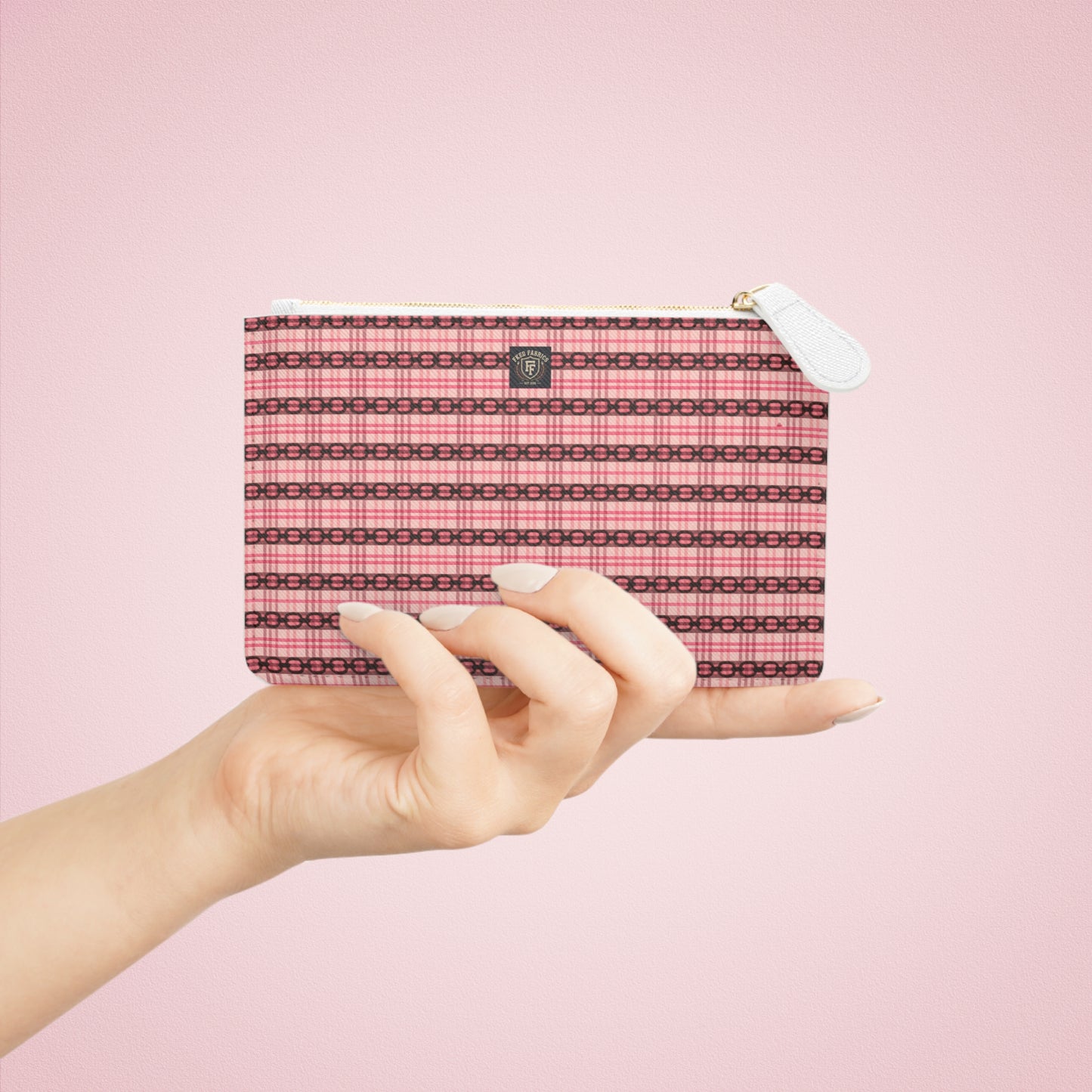 Mini Clutch Bag — Pink Plaid Patterned Zip Pouch for Cards & Cosmetics