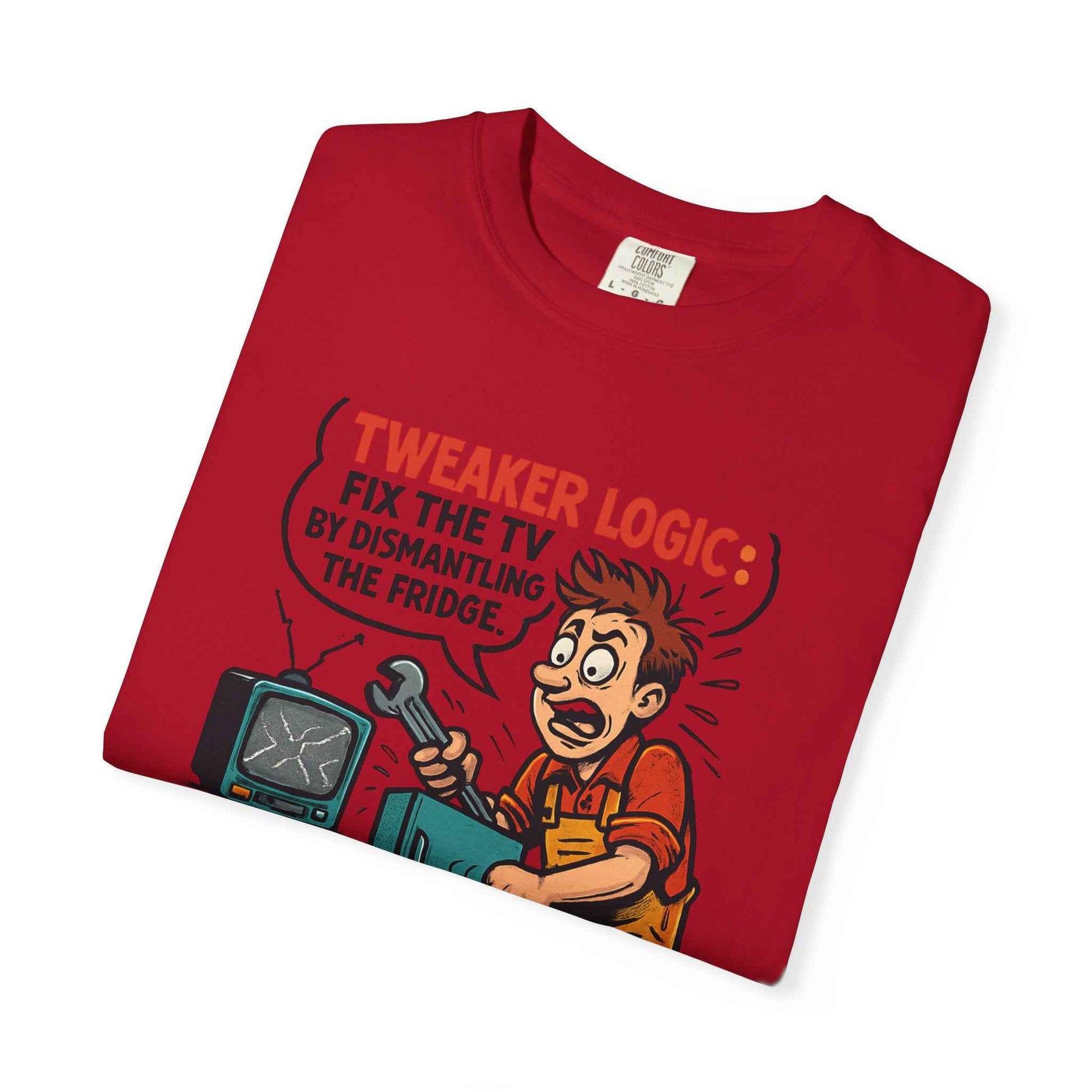 Tweaker Logic Cartoon T-Shirt — “Fix the TV by Dismantling the Fridge” Retro Graphic Tee