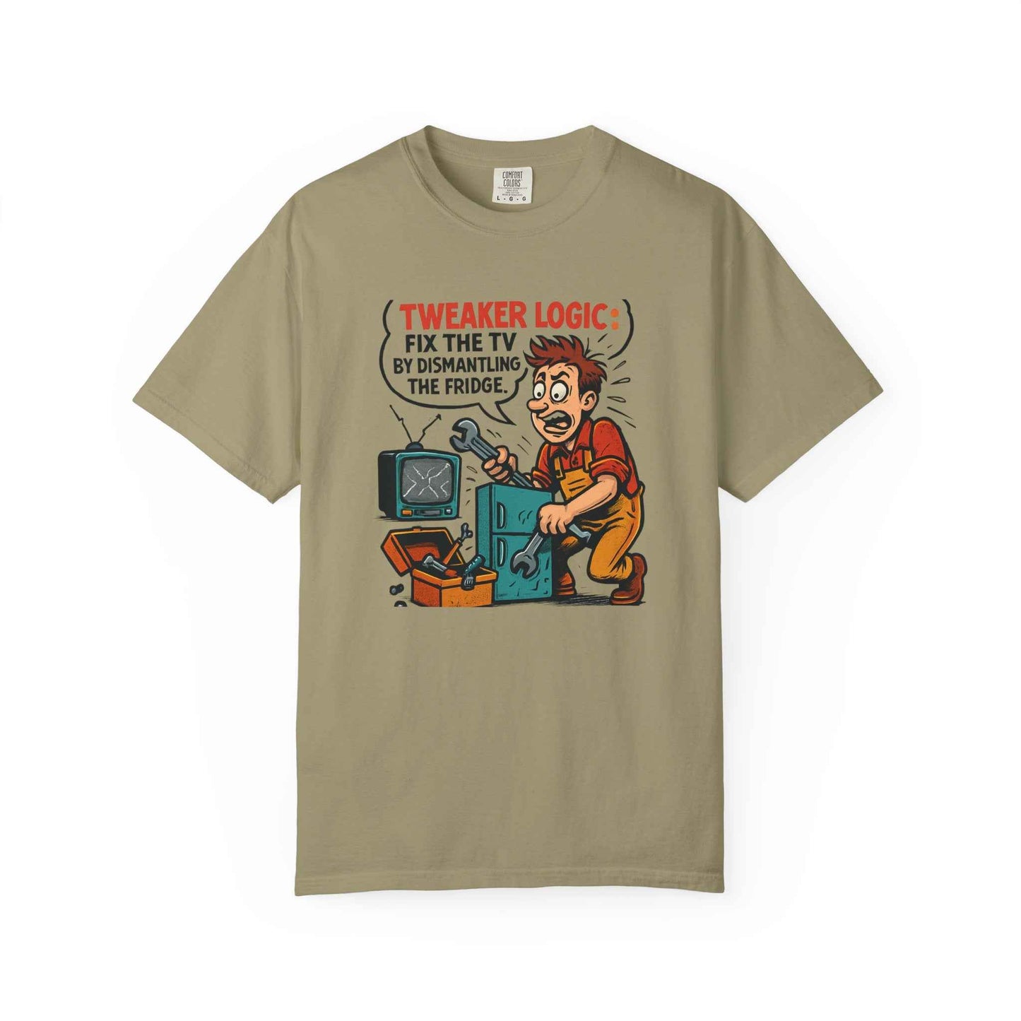 Tweaker Logic Cartoon T-Shirt — “Fix the TV by Dismantling the Fridge” Retro Graphic Tee