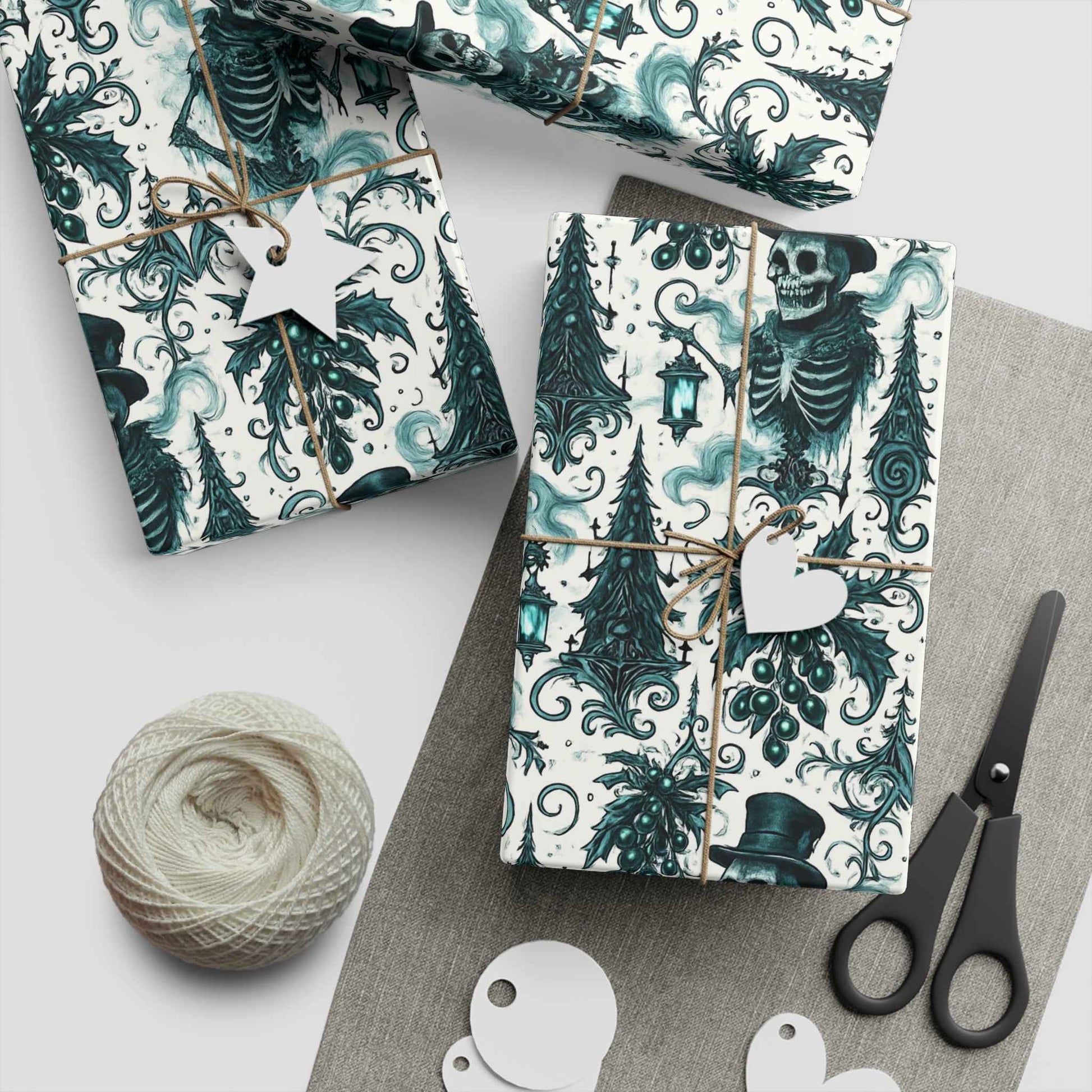 Skeleton Victorian Damask Gift Wrapping Paper Sheet — Gothic Holiday Wrap