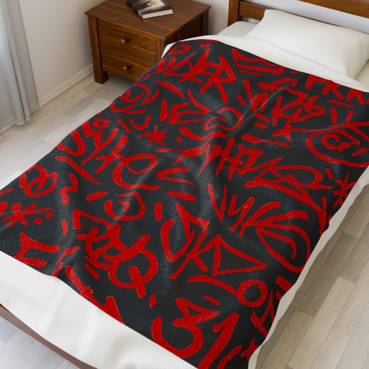 Red Graffiti Script Velveteen Plush Blanket | Urban Street Art Throw