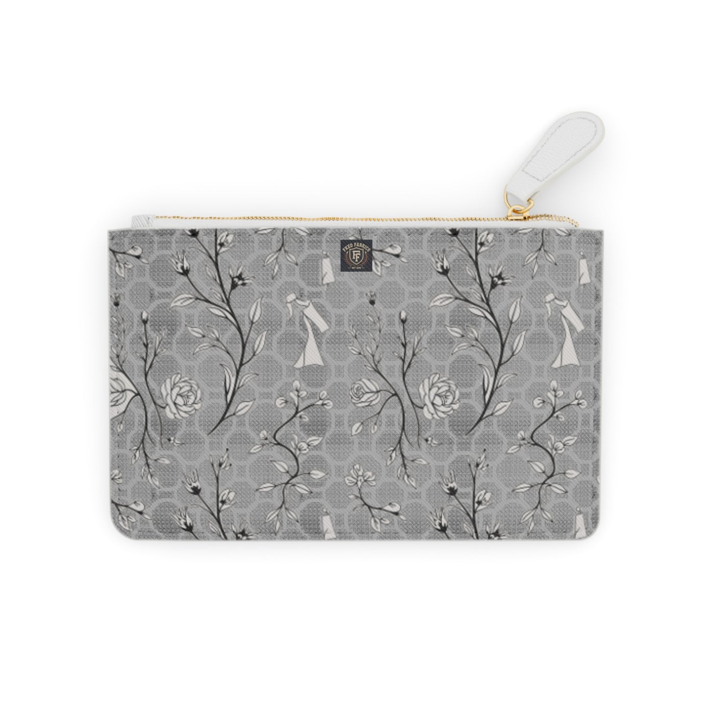 Mini Clutch Bag — Elegant Gray Floral Patterned Wrist Pouch