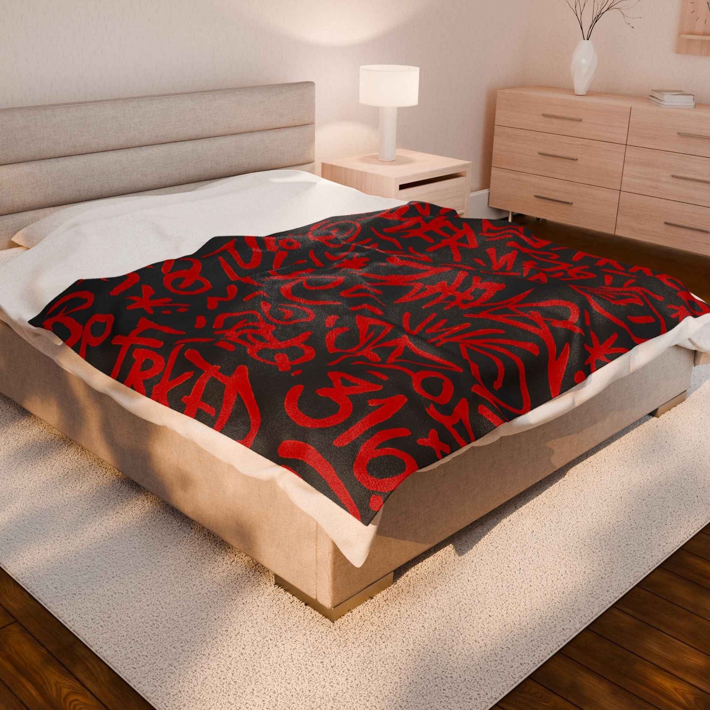 Red Graffiti Script Velveteen Plush Blanket | Urban Street Art Throw