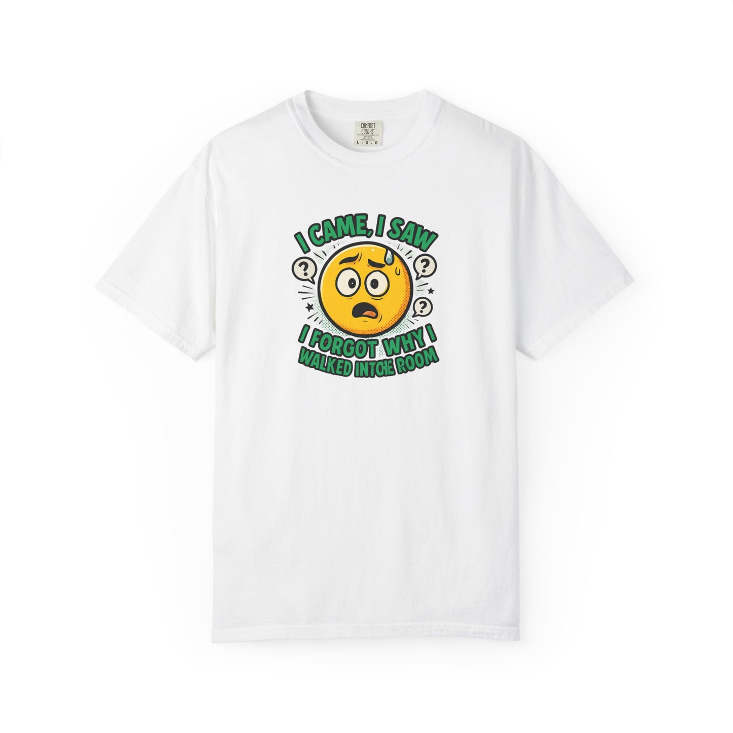 Funny Graphic T-Shirt — "I Came, I Saw, I Forgot Why I Walked Into Room" Emoji Tee