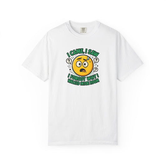 Funny Graphic T-Shirt — "I Came, I Saw, I Forgot Why I Walked Into Room" Emoji Tee