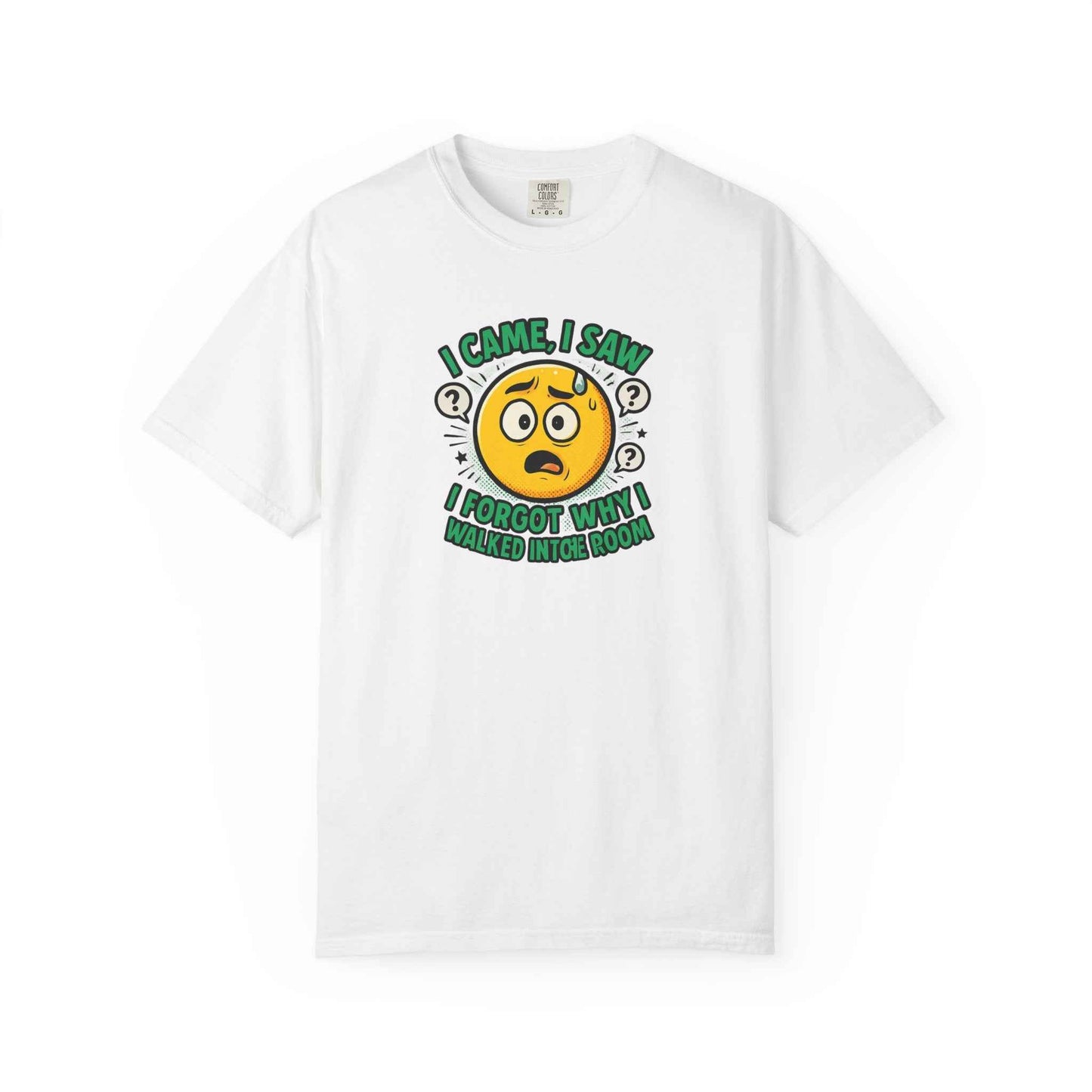 Funny Graphic T-Shirt — "I Came, I Saw, I Forgot Why I Walked Into Room" Emoji Tee