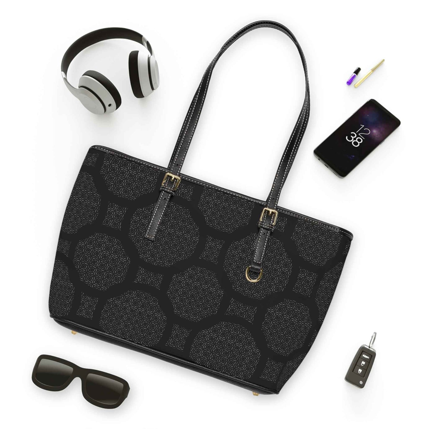 Black Geometric PU Leather Shoulder Bag — Elegant Everyday Tote