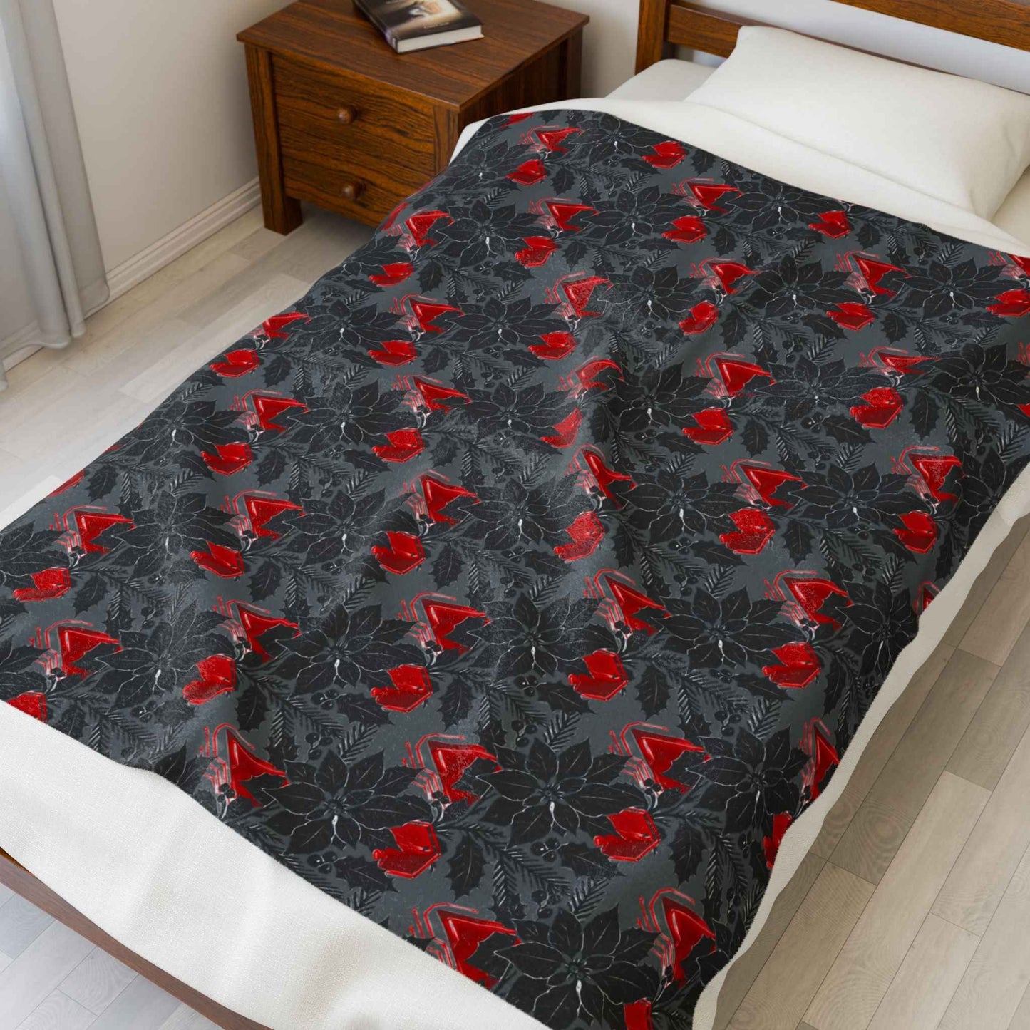 Plush Blanket — Black & Red Poinsettia Holiday Velveteen Throw