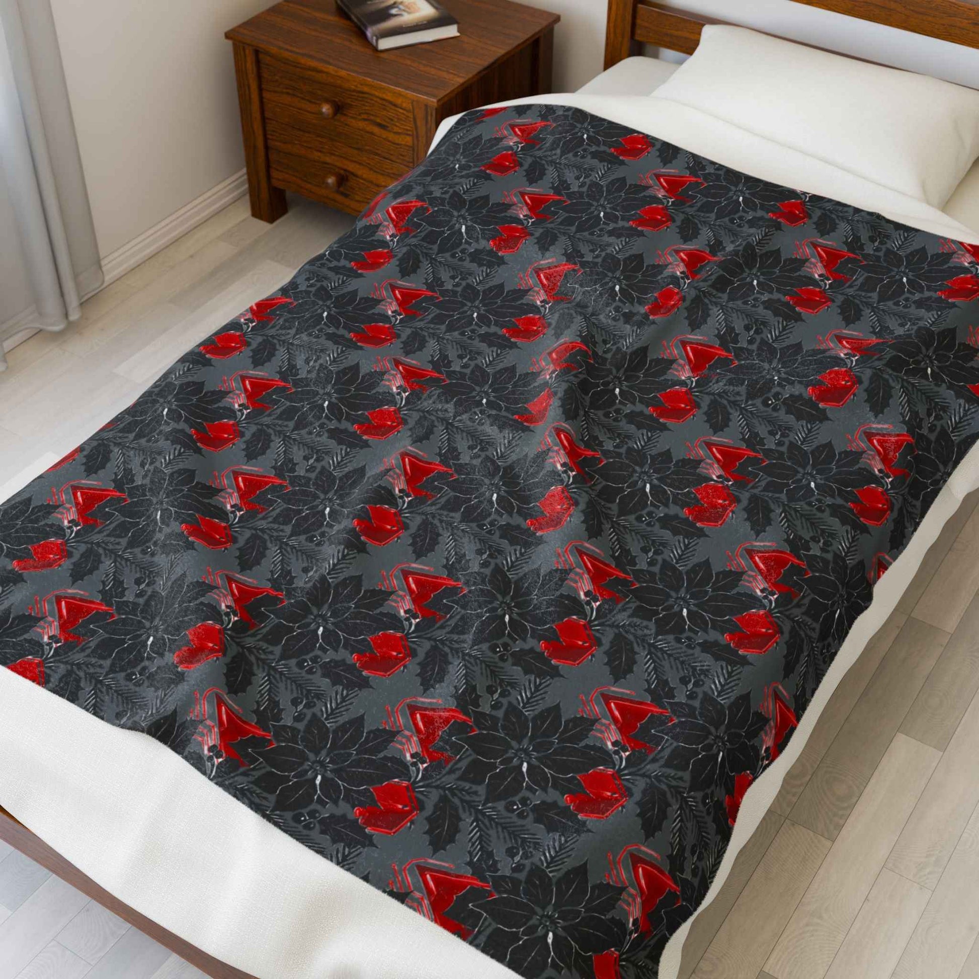 Plush Blanket — Black & Red Poinsettia Holiday Velveteen Throw