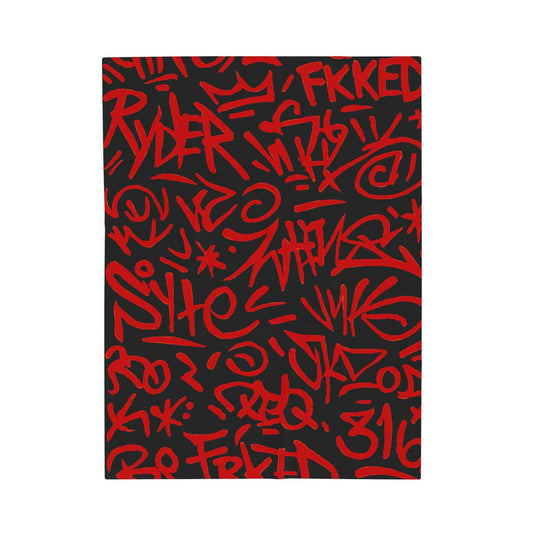 Red Graffiti Script Velveteen Plush Blanket | Urban Street Art Throw