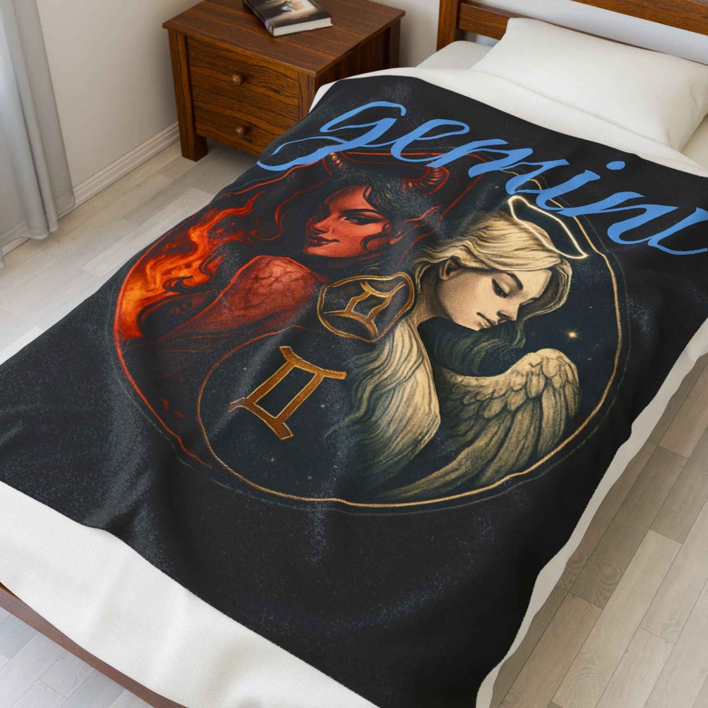 Gemini Zodiac Velveteen Plush Blanket — Twin Angels & Devils Astrology Throw