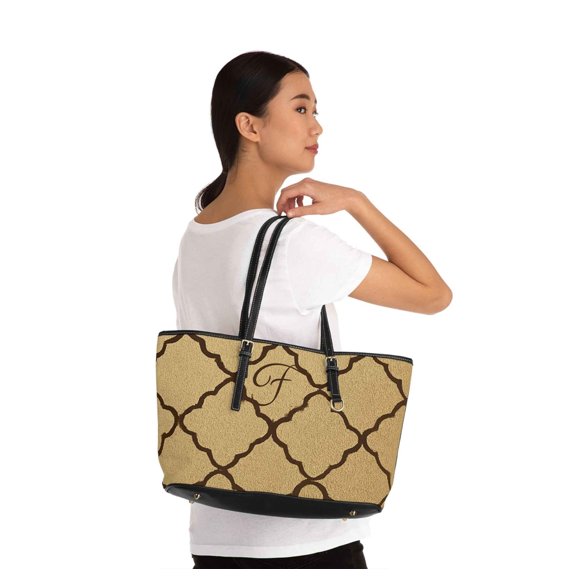 Monogram PU Leather Shoulder Bag — Taupe Moroccan Trellis Pattern