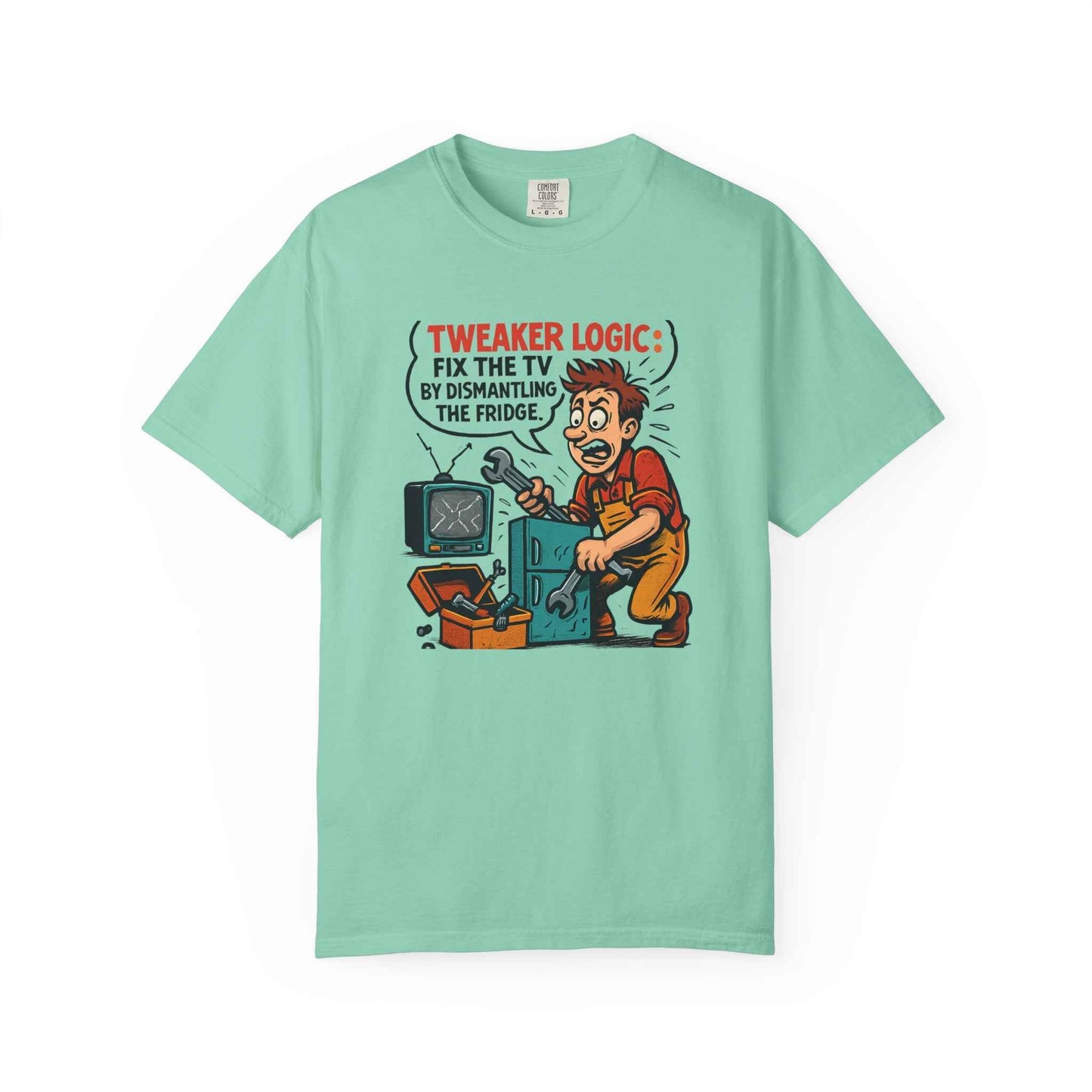 Tweaker Logic Cartoon T-Shirt — “Fix the TV by Dismantling the Fridge” Retro Graphic Tee