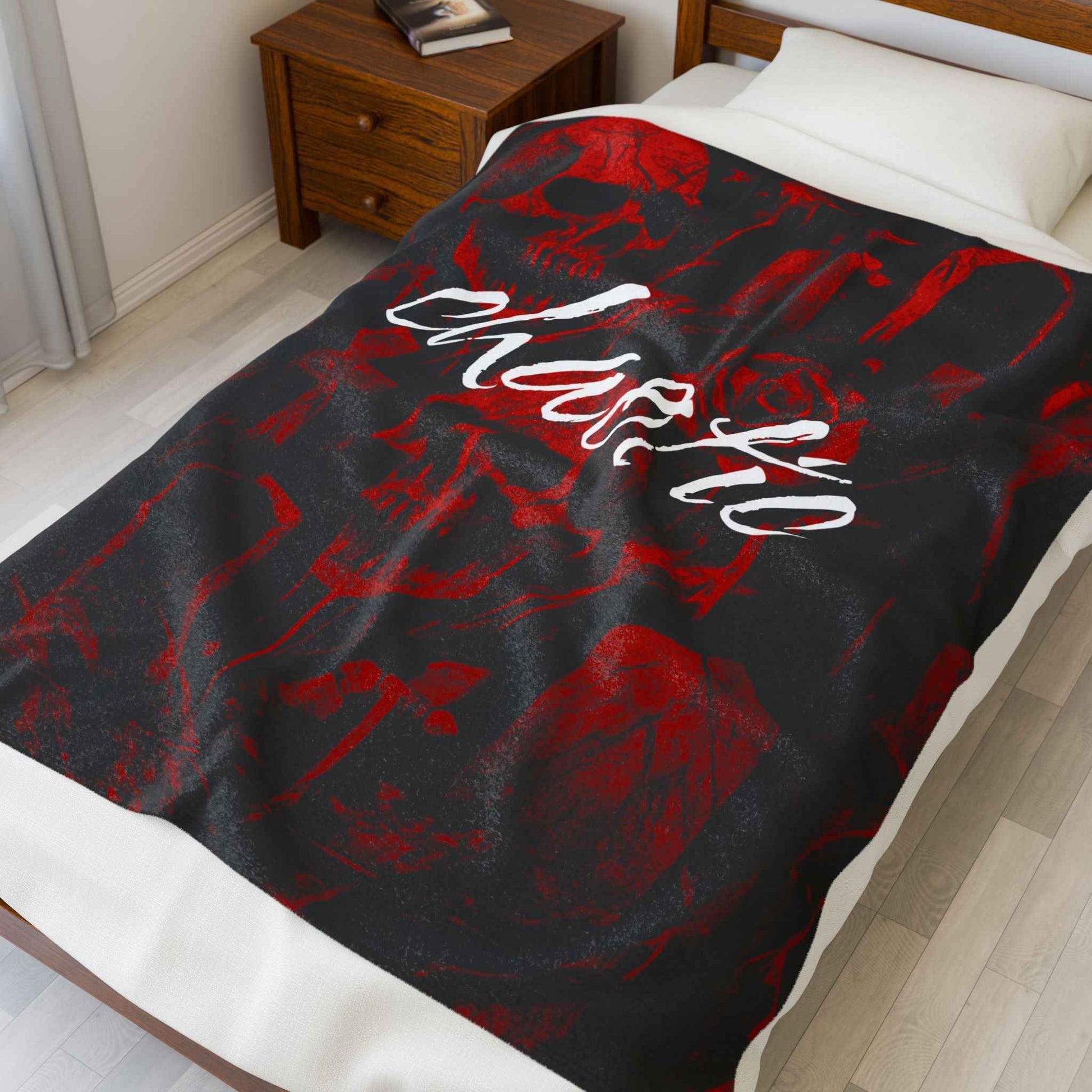 Chaotic skulls and roses Velveteen Plush Blanket | gothic coffin pattern