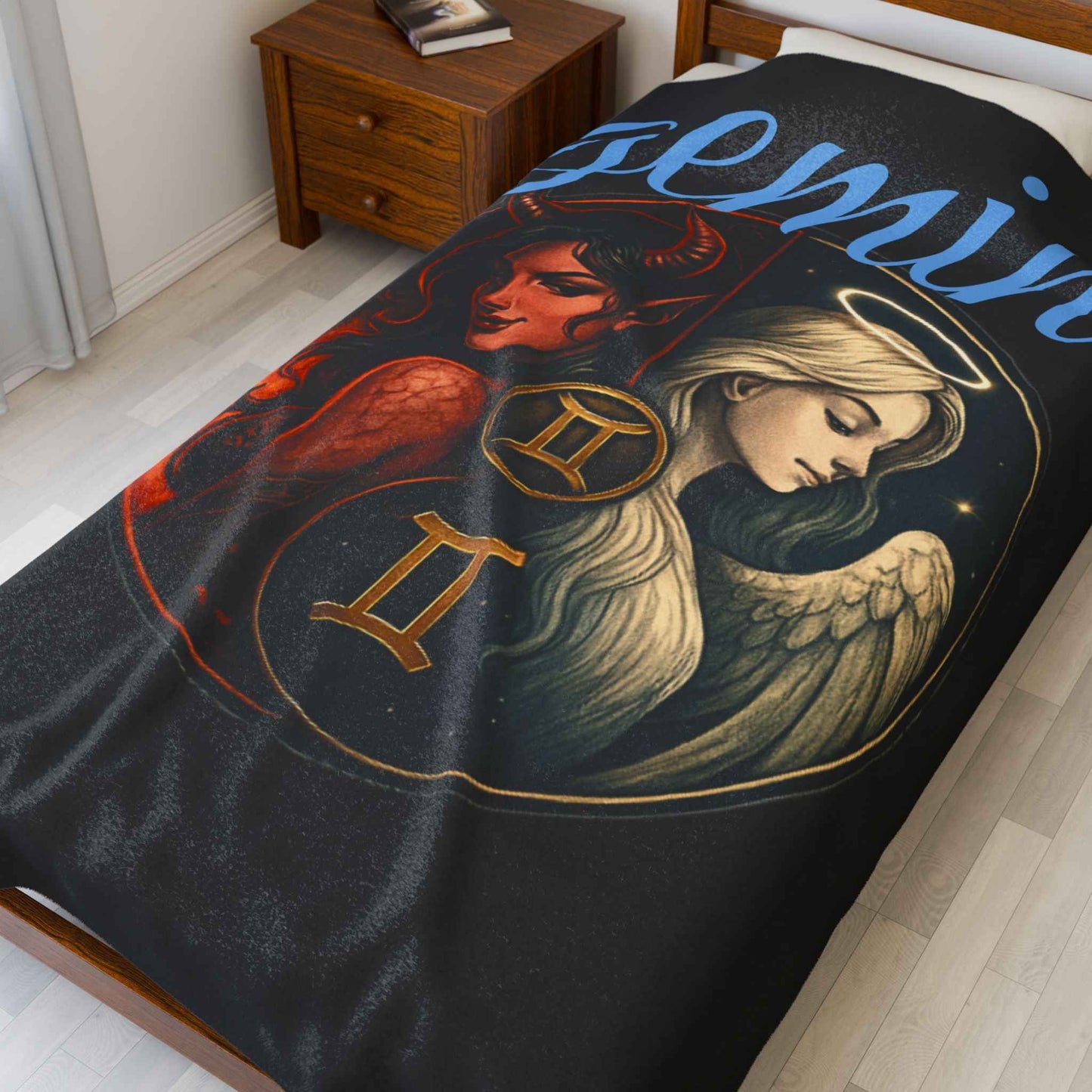 Gemini Zodiac Velveteen Plush Blanket — Twin Angels & Devils Astrology Throw