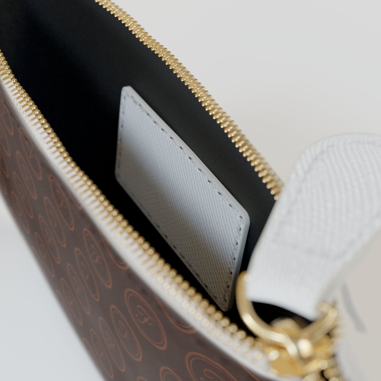 Mini Clutch Bag — Brown Monogram Zip Pouch, Elegant Travel & Everyday Accessory
