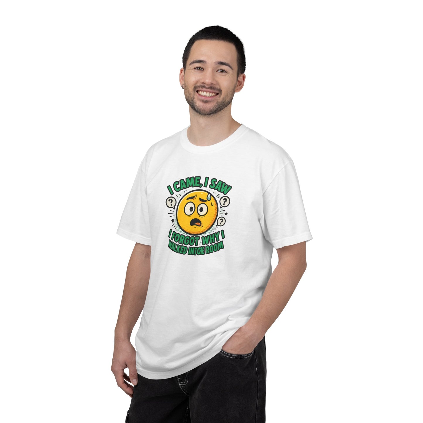 Funny Graphic T-Shirt — "I Came, I Saw, I Forgot Why I Walked Into Room" Emoji Tee
