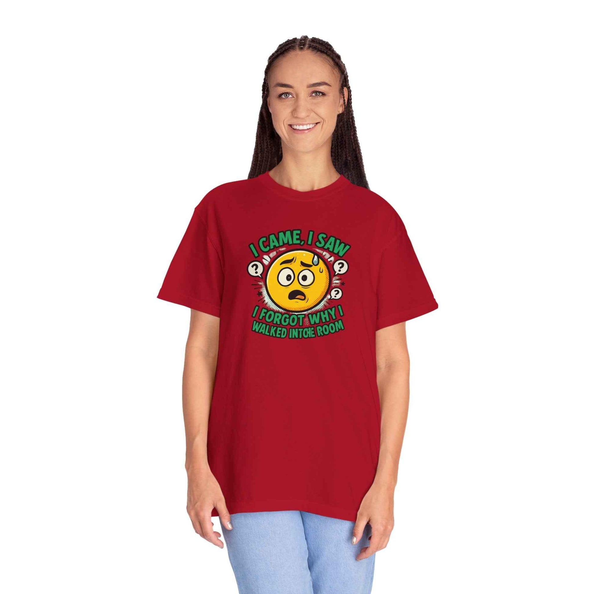 Funny Graphic T-Shirt — "I Came, I Saw, I Forgot Why I Walked Into Room" Emoji Tee