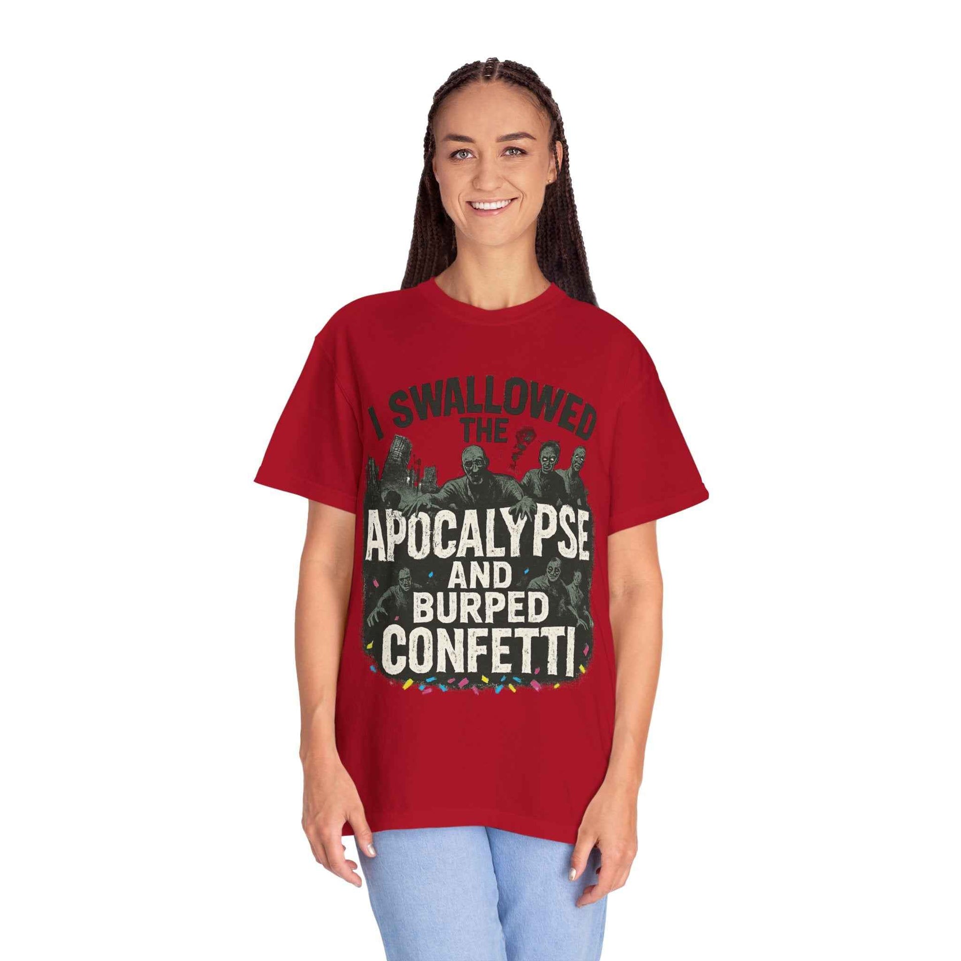 Apocalypse & Burped Confetti T-Shirt — Funny Zombie Survival Tee