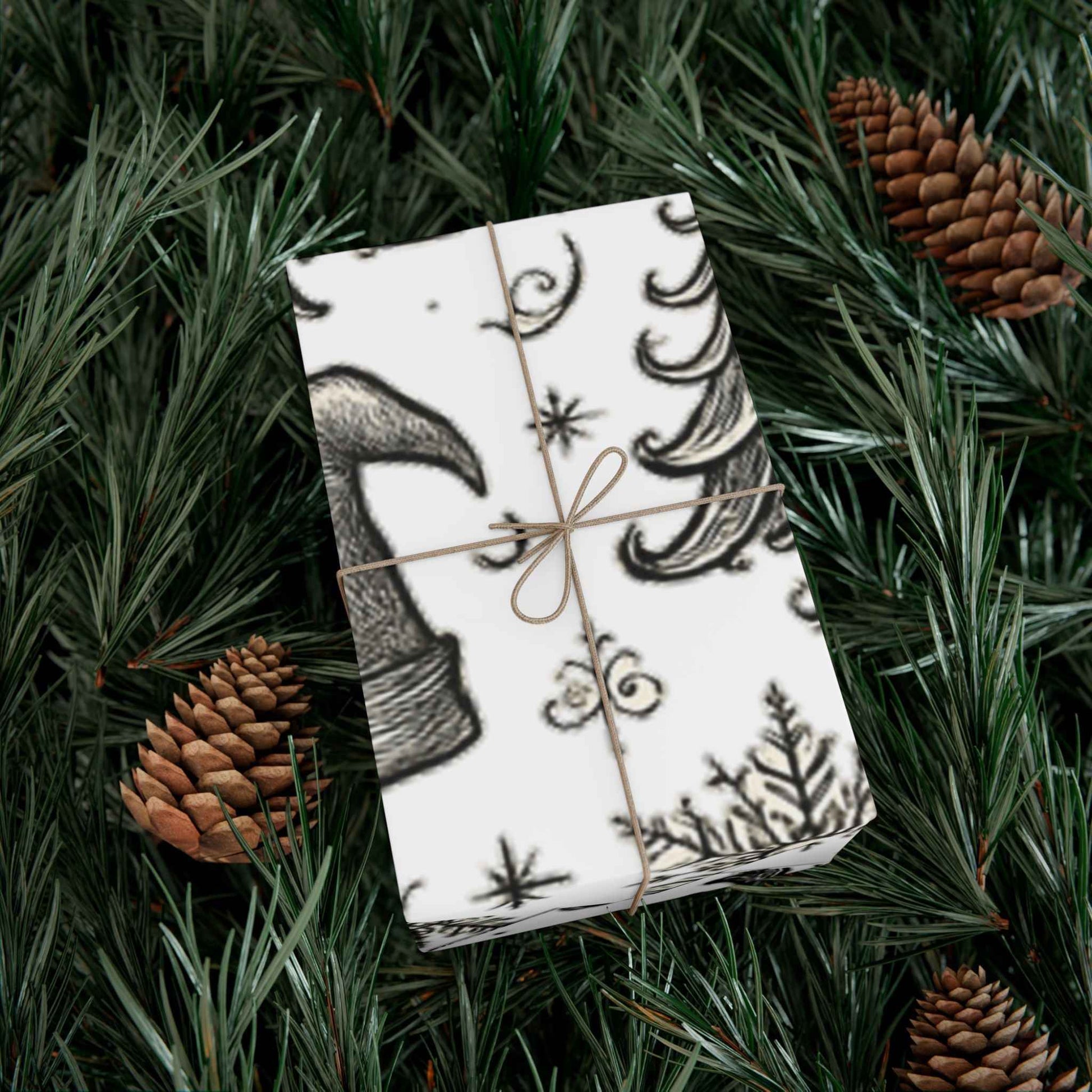 Christmas Tree & Bell Gift Wrap Paper – Vintage Black & White Holiday Wrapping