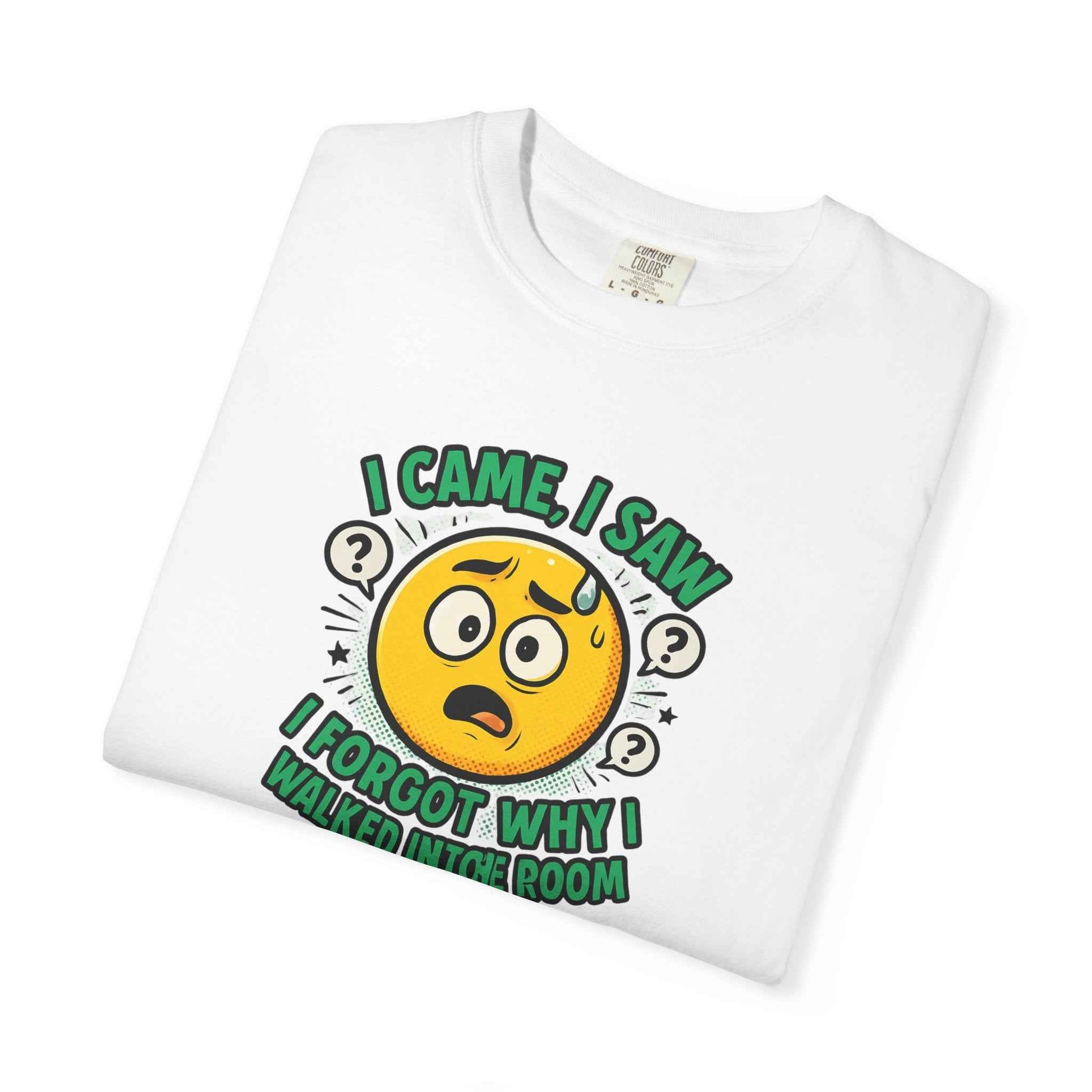 Funny Graphic T-Shirt — "I Came, I Saw, I Forgot Why I Walked Into Room" Emoji Tee