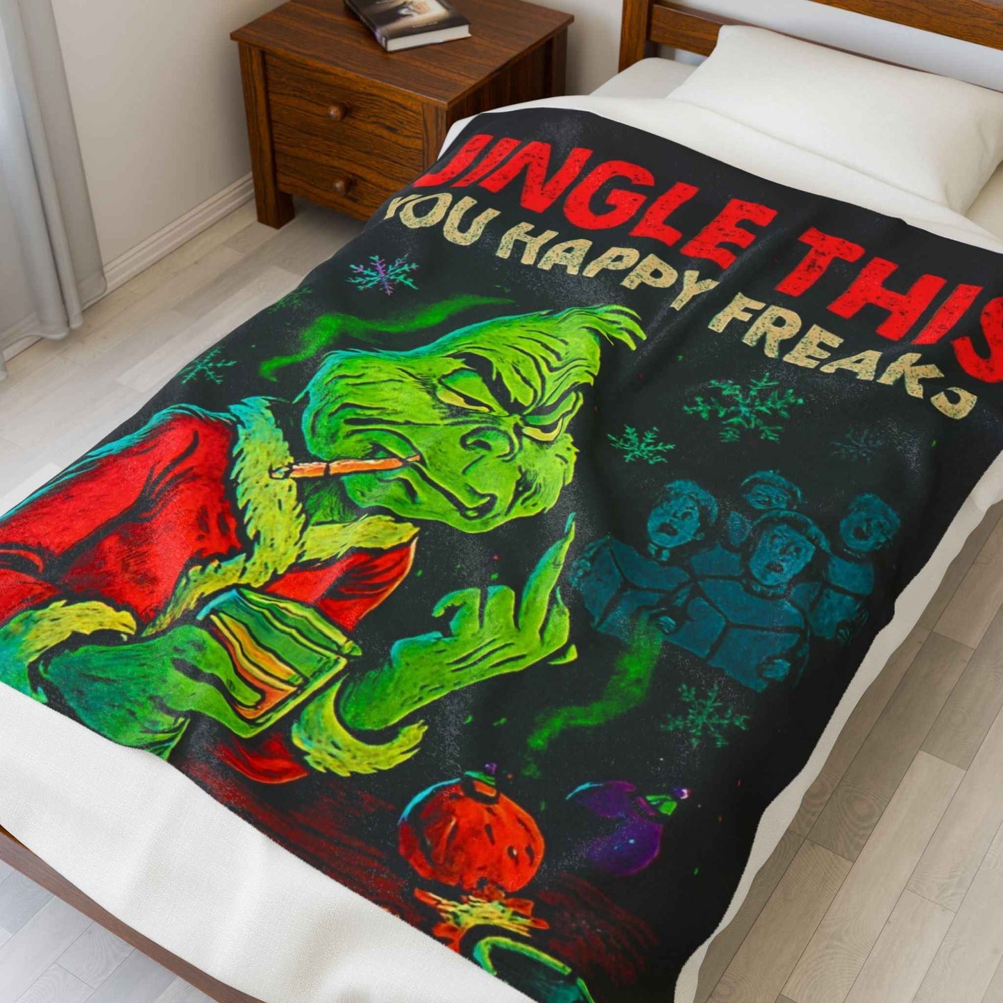 Grinch "Jingle This You Happy Freaks" Velveteen Plush Blanket - Funny Holiday Throw
