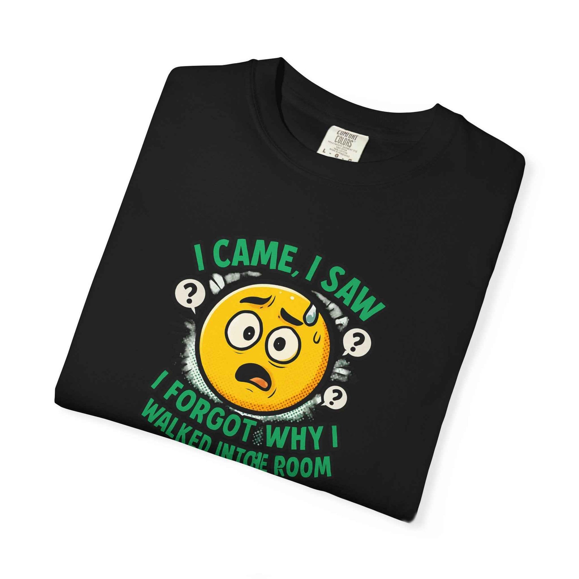 Funny Graphic T-Shirt — "I Came, I Saw, I Forgot Why I Walked Into Room" Emoji Tee