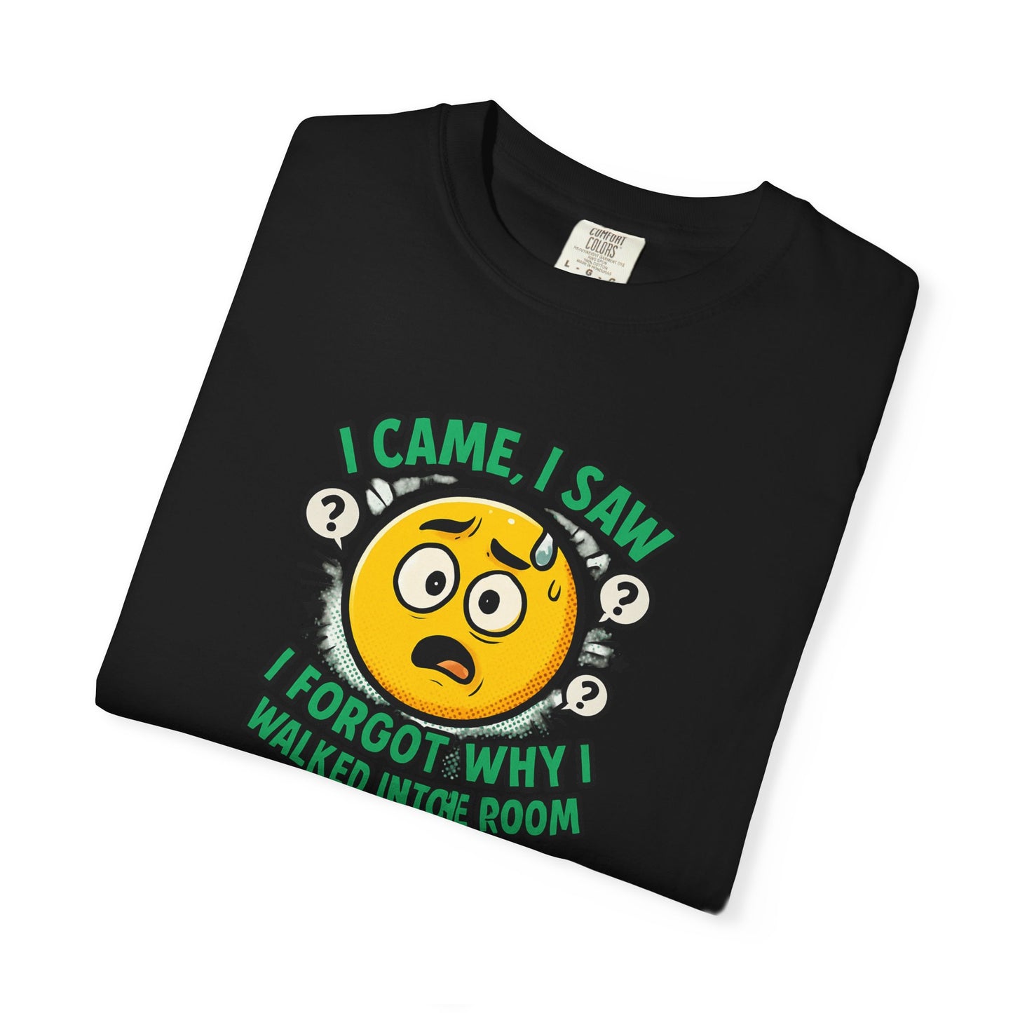 Funny Graphic T-Shirt — "I Came, I Saw, I Forgot Why I Walked Into Room" Emoji Tee
