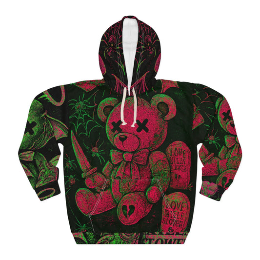 Gothic glowing green and pink  Teddy Bear Hoodie - 'Love Kills Slowly' All-Over Print