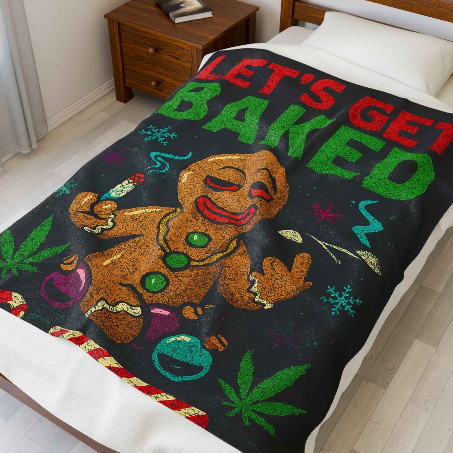 Lets Get Baked Holiday Plush Blanket – Funny Gingerbread & Cannabis Christmas Throw