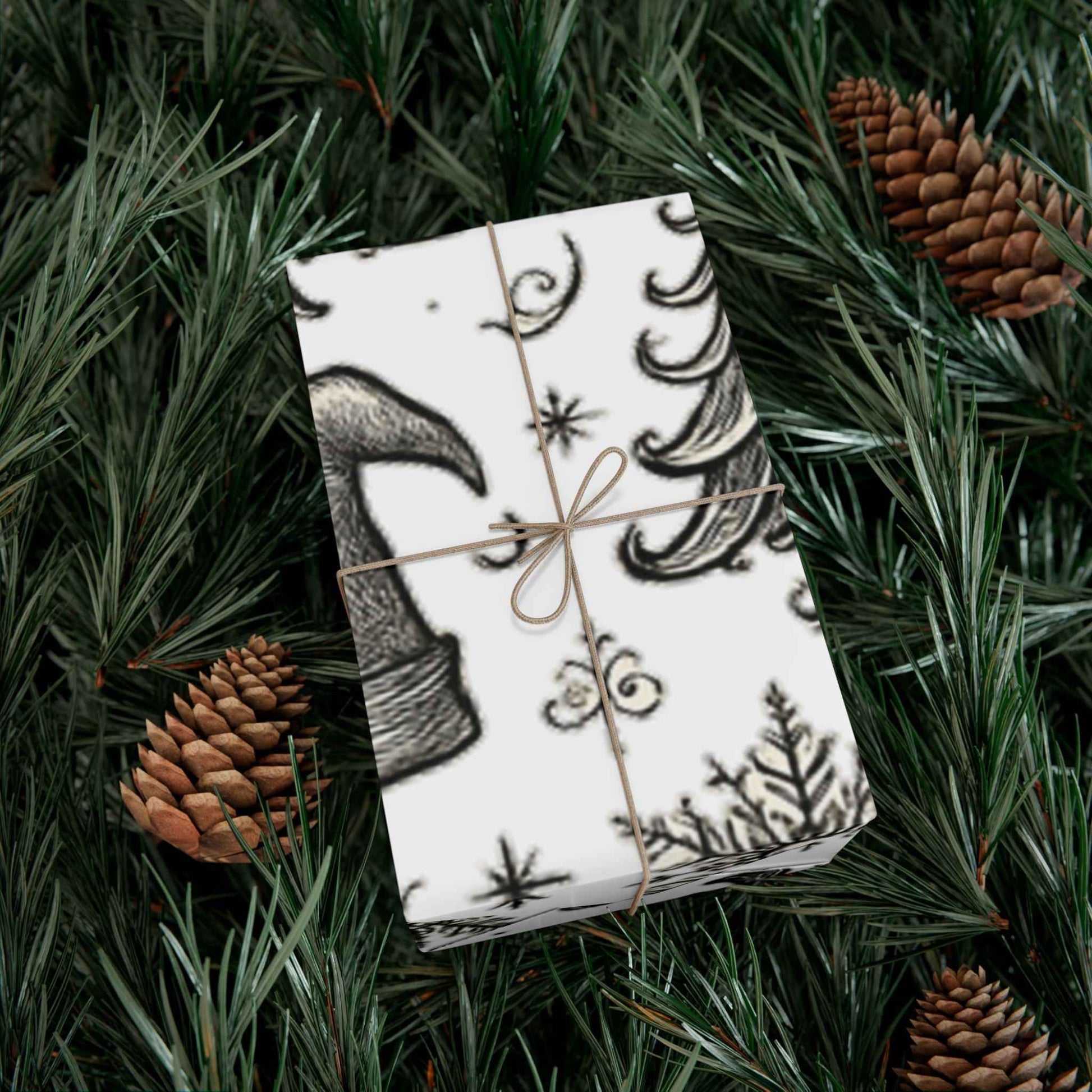 Christmas Tree & Bell Gift Wrap Paper – Vintage Black & White Holiday Wrapping