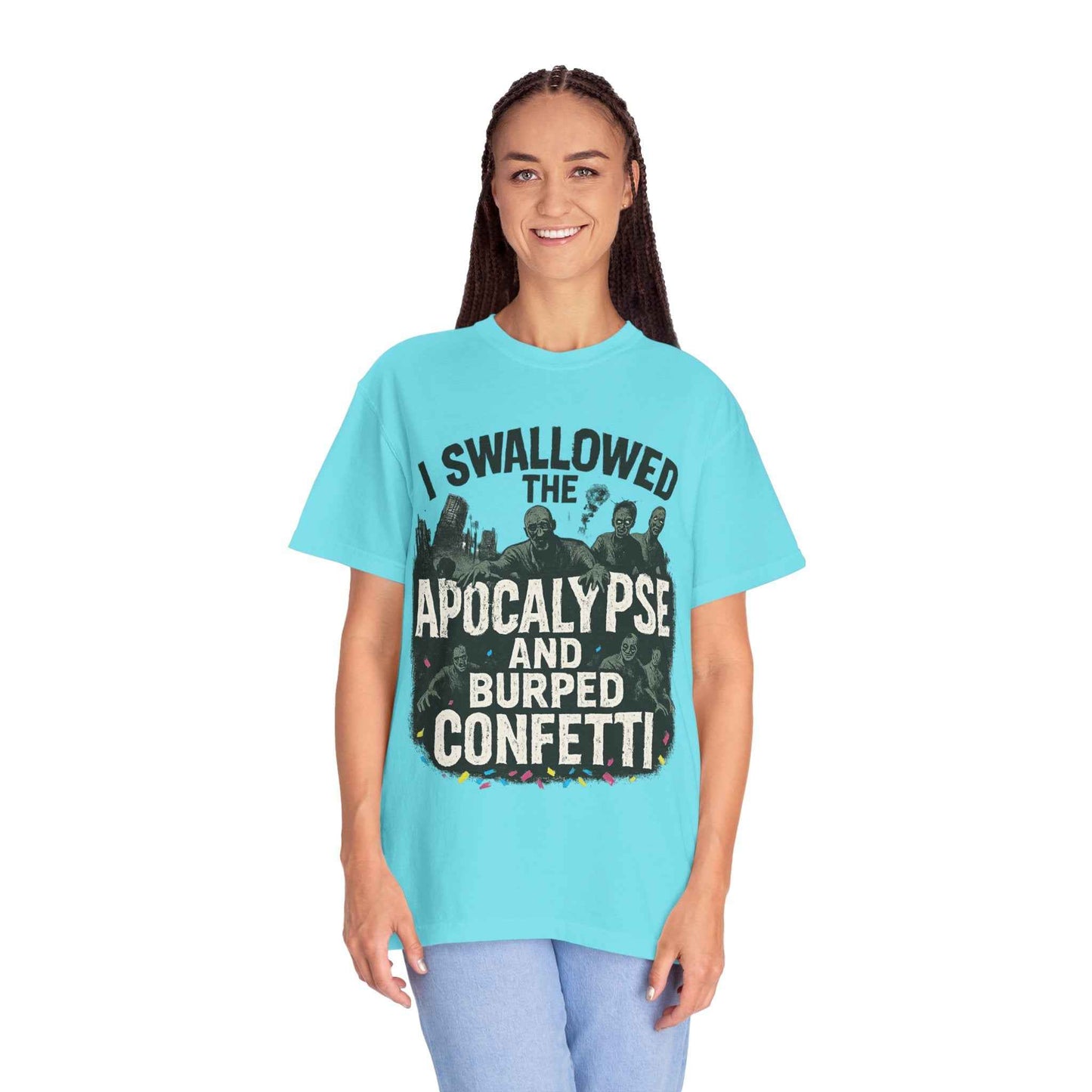 Apocalypse & Burped Confetti T-Shirt — Funny Zombie Survival Tee