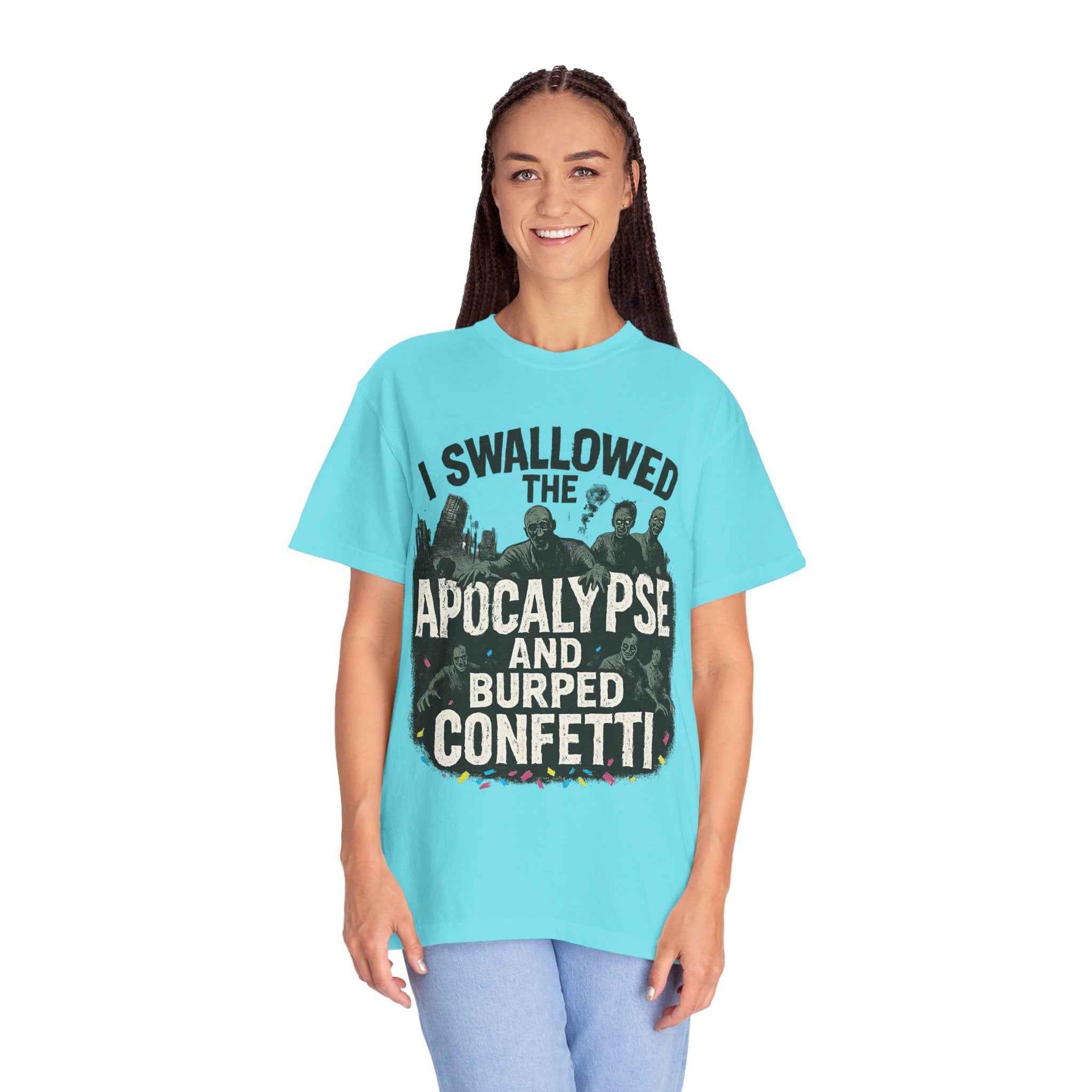 Apocalypse & Burped Confetti T-Shirt — Funny Zombie Survival Tee
