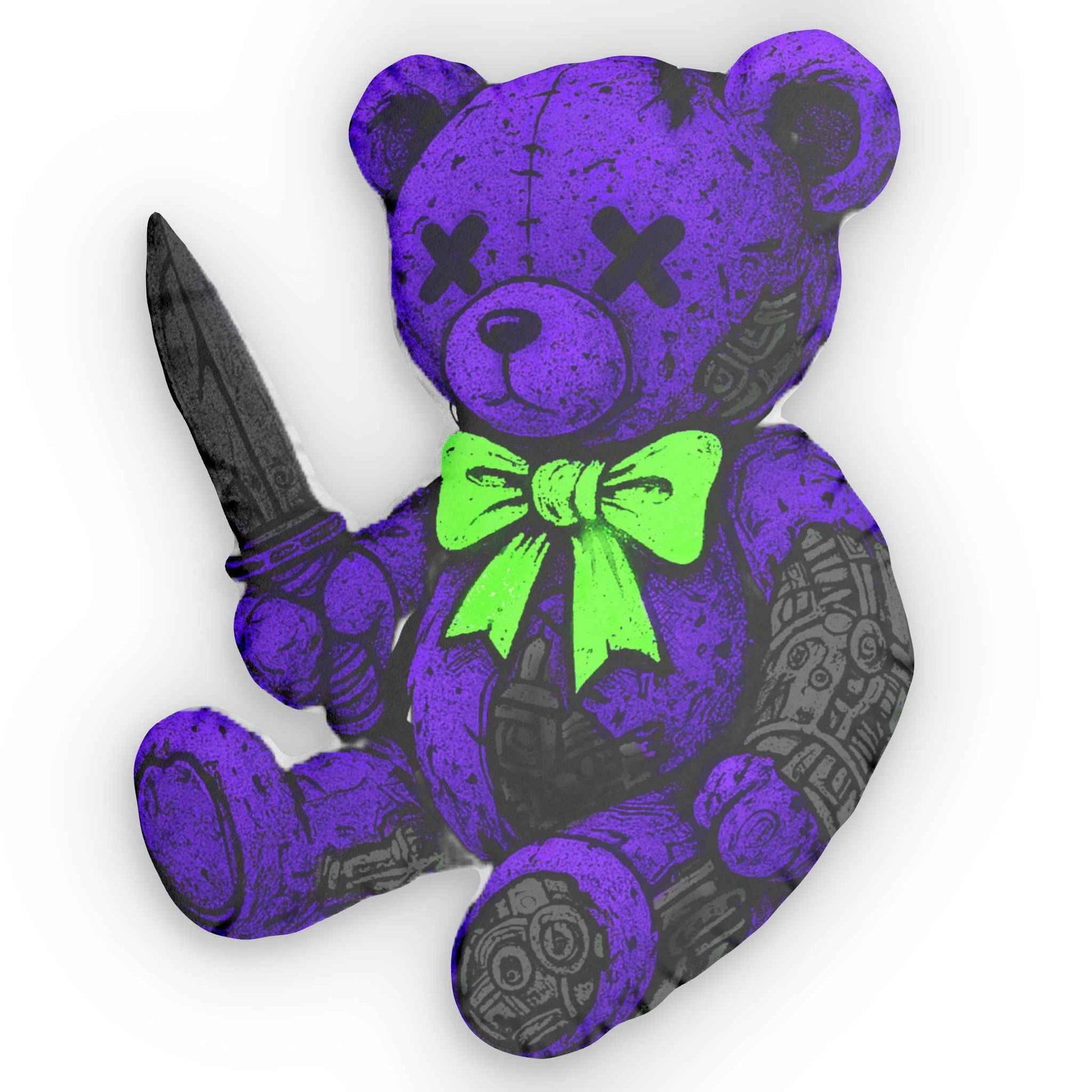 Creepy Purple Teddy Knife Shaped Pillow — Novelty Horror Decor