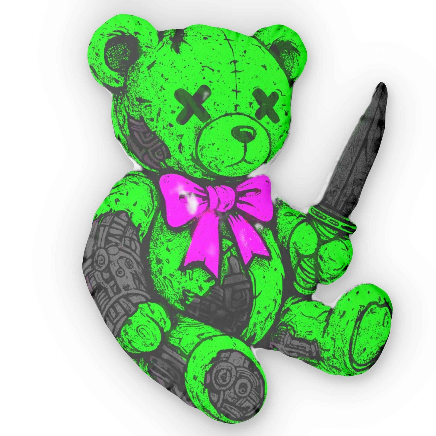 Creepy Neon Bear Shaped Pillow — Green Tattooed Teddy with Knife & Pink Bow