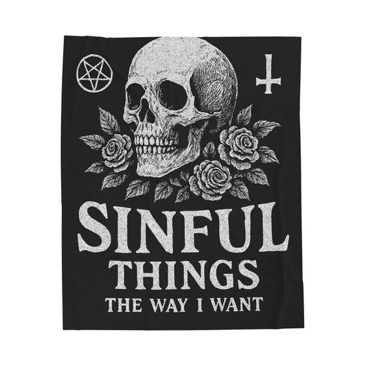 Skull and Roses Sinful Things velveteen blanket | Gothic skull design, occult symbols