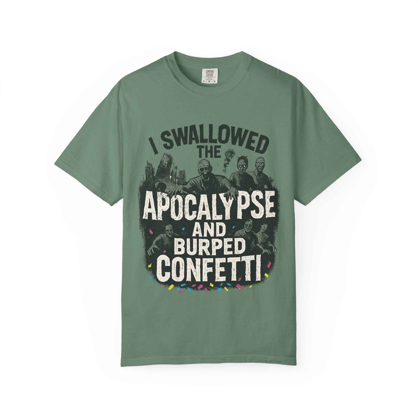 Apocalypse & Burped Confetti T-Shirt — Funny Zombie Survival Tee